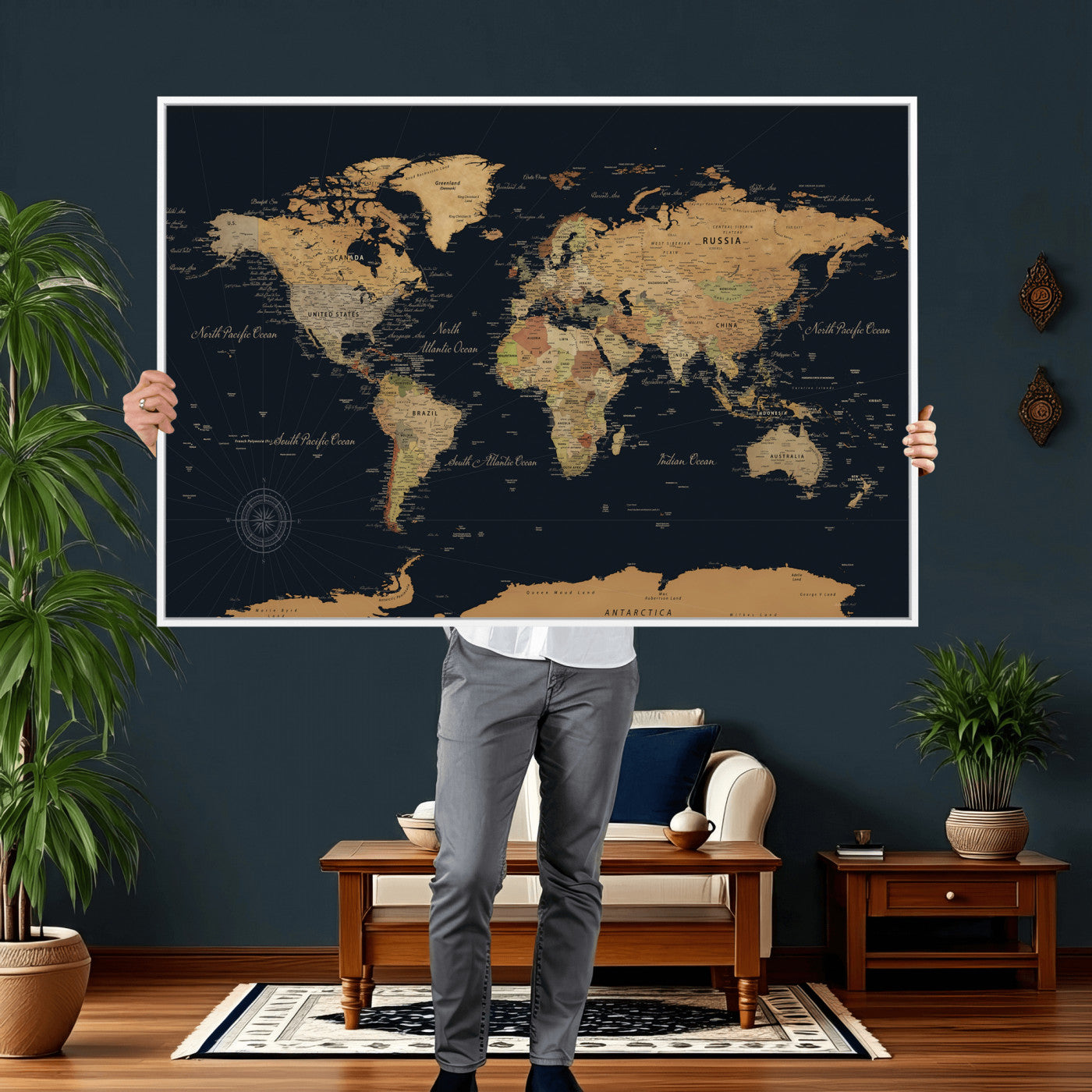 87280374-MGV-CV-36X24 - World Map Wall Art Canvas Print, Modern Decorative Framed Map Artwork Prints for Living Room, Office, Bedroom Wall Decor