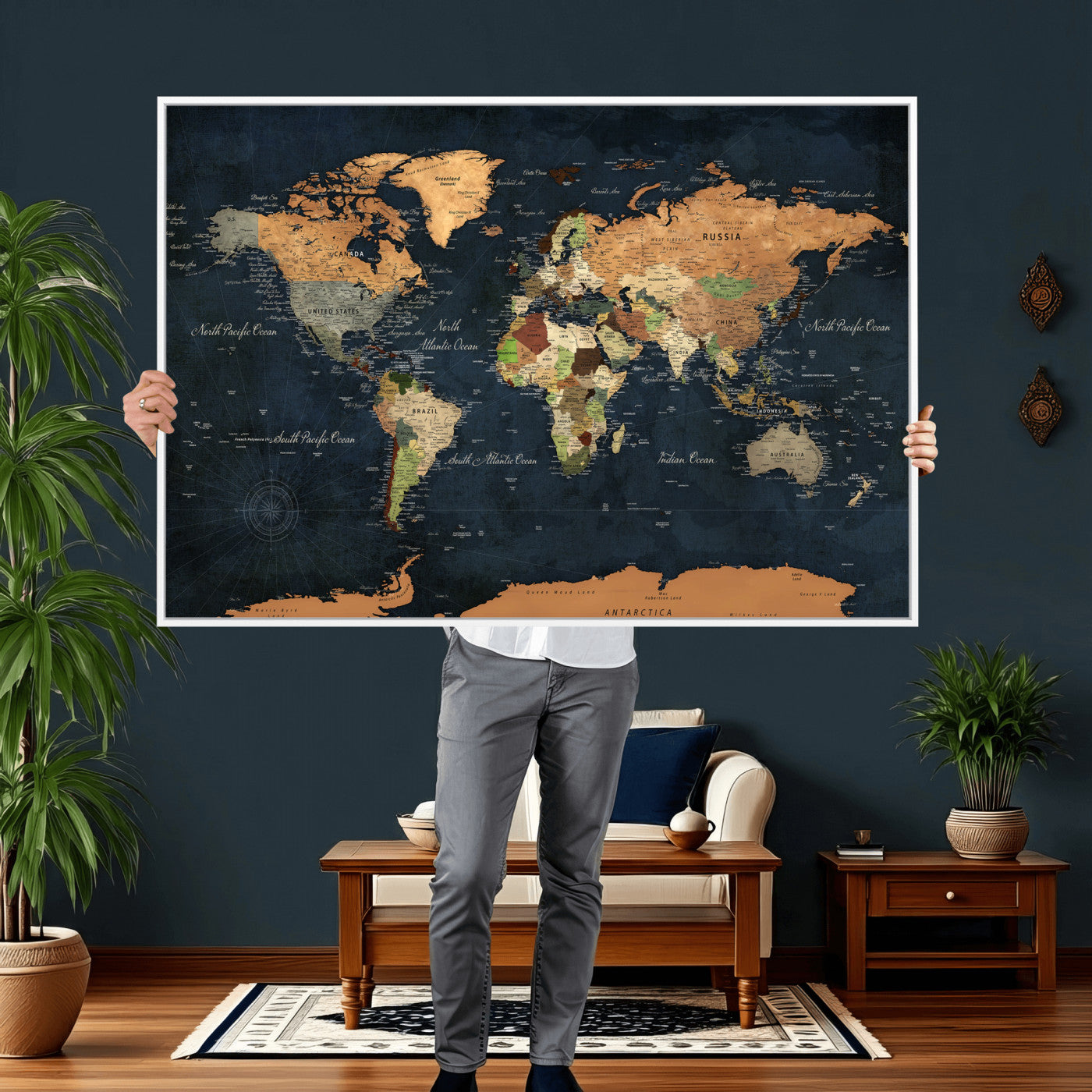53717402-MGV-CV-36X24 - World Map Wall Art Canvas Print, Modern Decorative Framed Map Artwork Prints for Living Room, Office, Bedroom Wall Decor