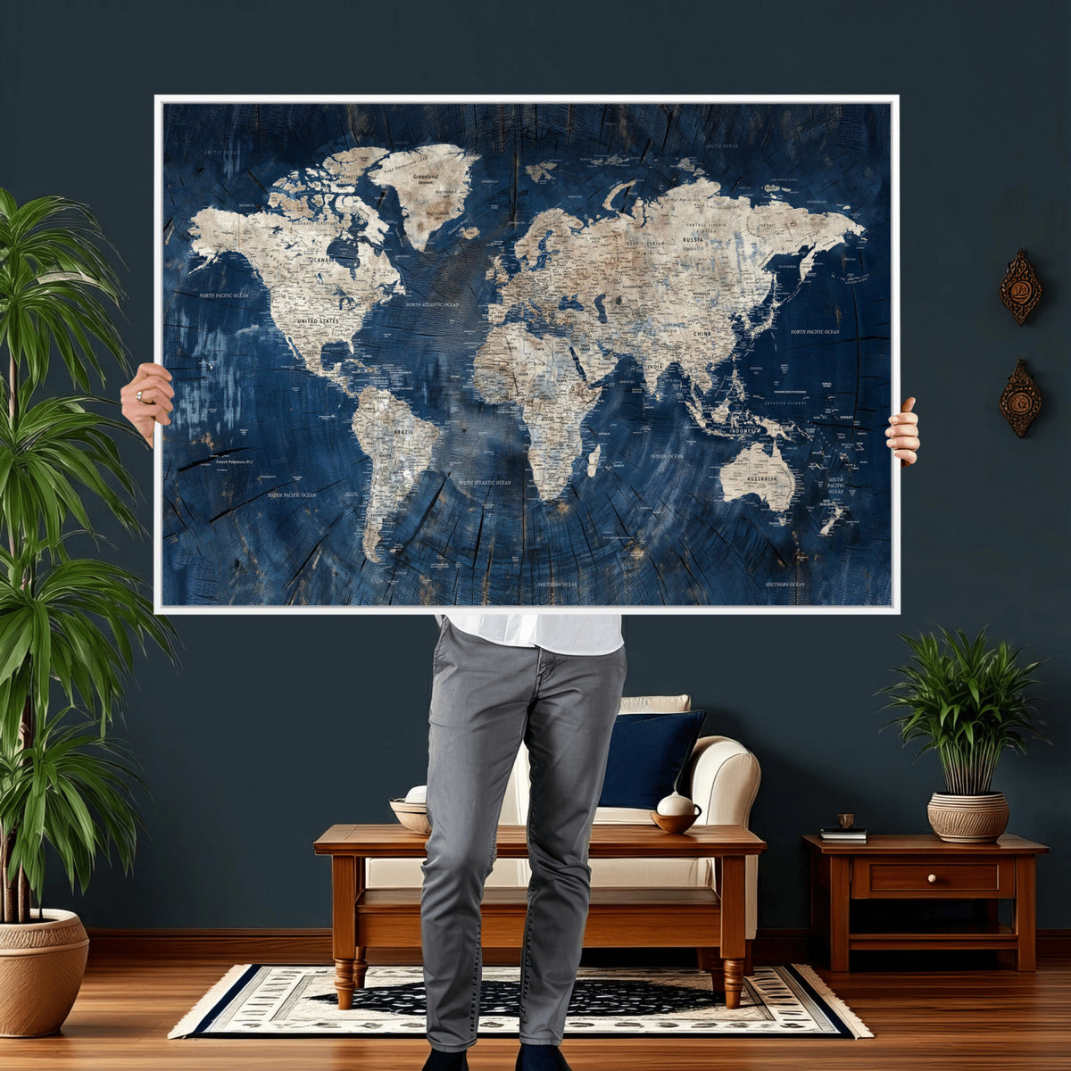 56126010-MGV-CV-36X24 - Large Blue World Map Wall Art Canvas Print for Home Office