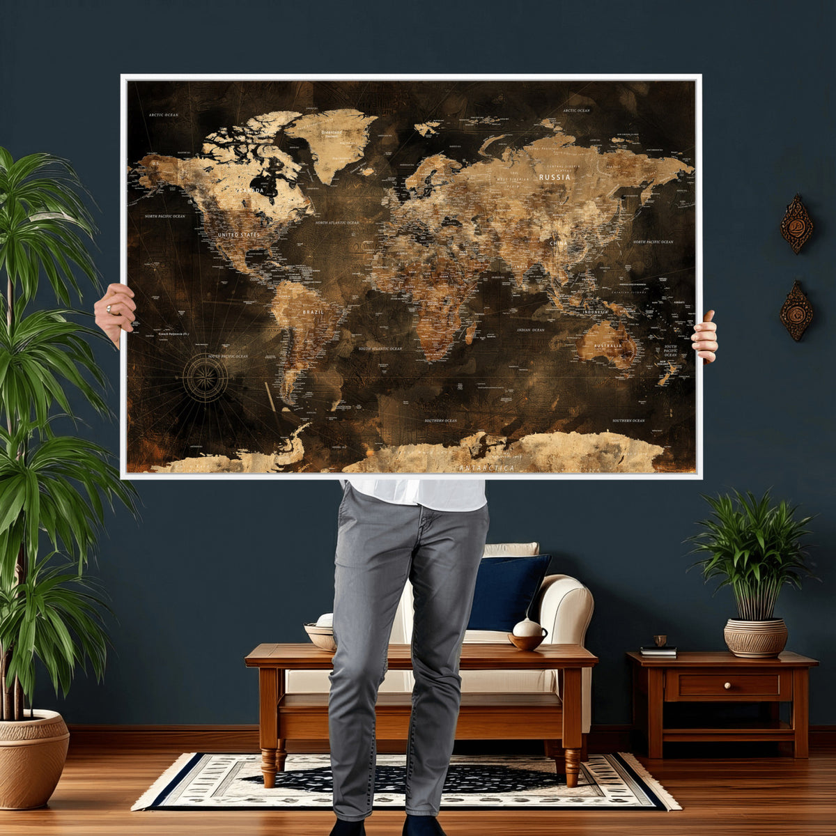 97742922-MGV-CV-36X24 - World Map Canvas Print, Modern Decorative Framed Map Artwork