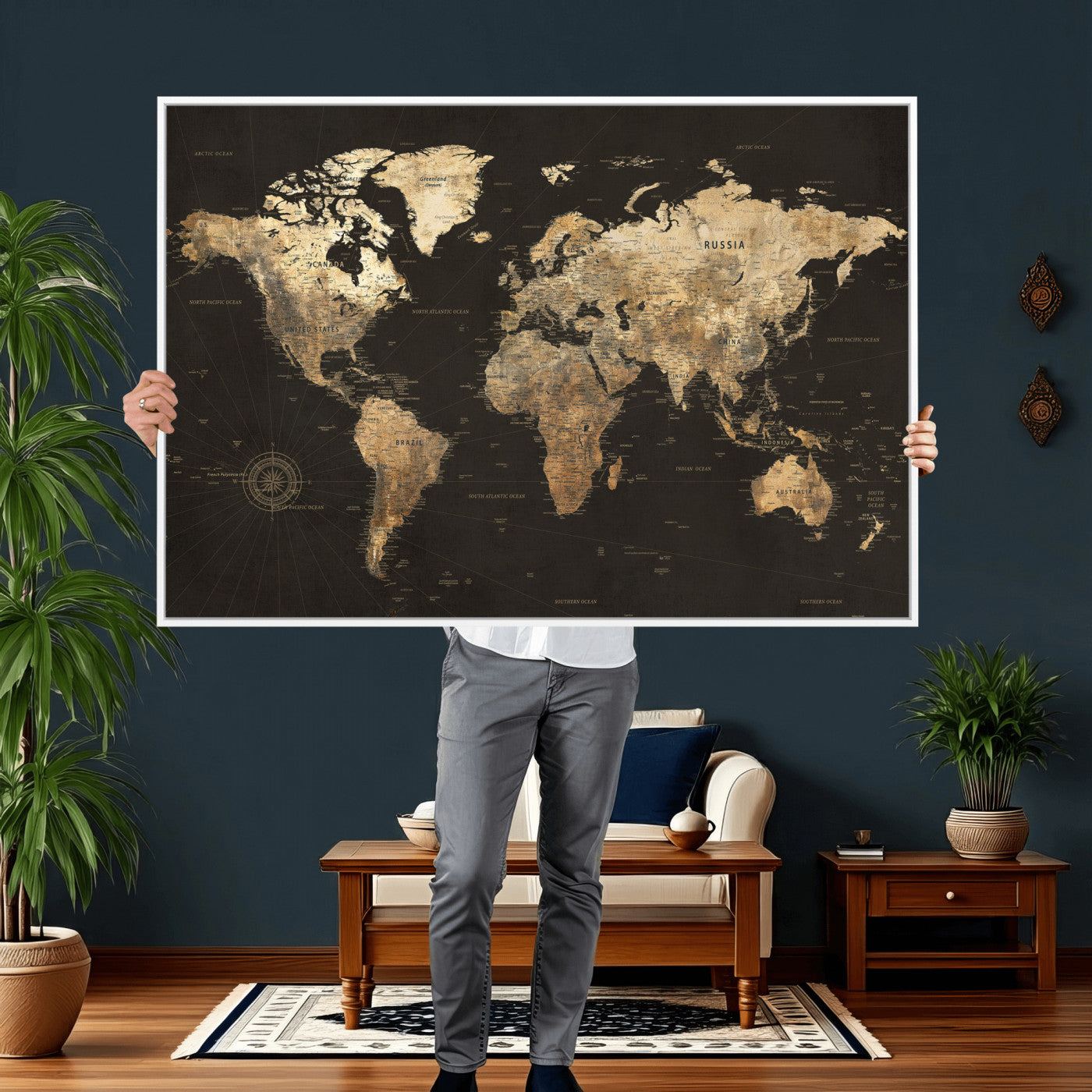 70985630-MGV-CV-36X24 - World Map Wall Art Canvas Print, Modern Decorative Framed Map Artwork Prints for Living Room, Office, Bedroom Wall Decor
