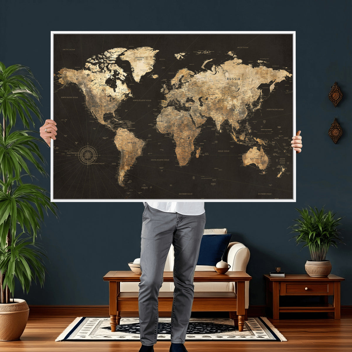 70985630-MGV-CV-36X24 - Framed World Map with Pin Canvas Print – Detailed World Map