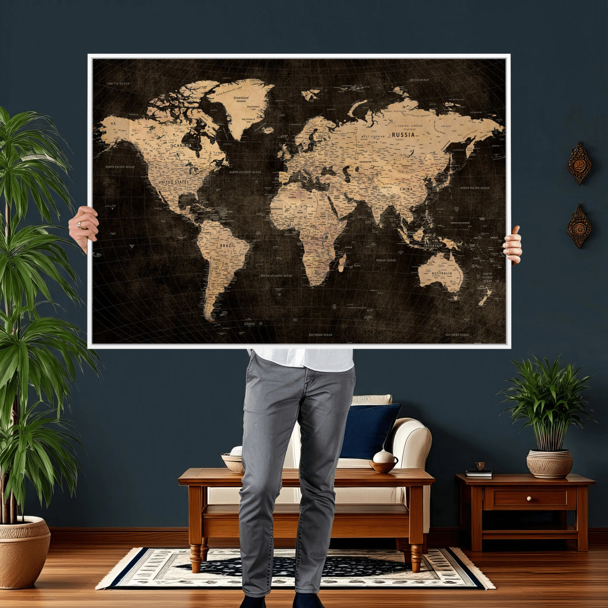 15118265-MGV-CV-36X24 - Brown World Map Canvas Print | Modern Travel Map Wall Art
