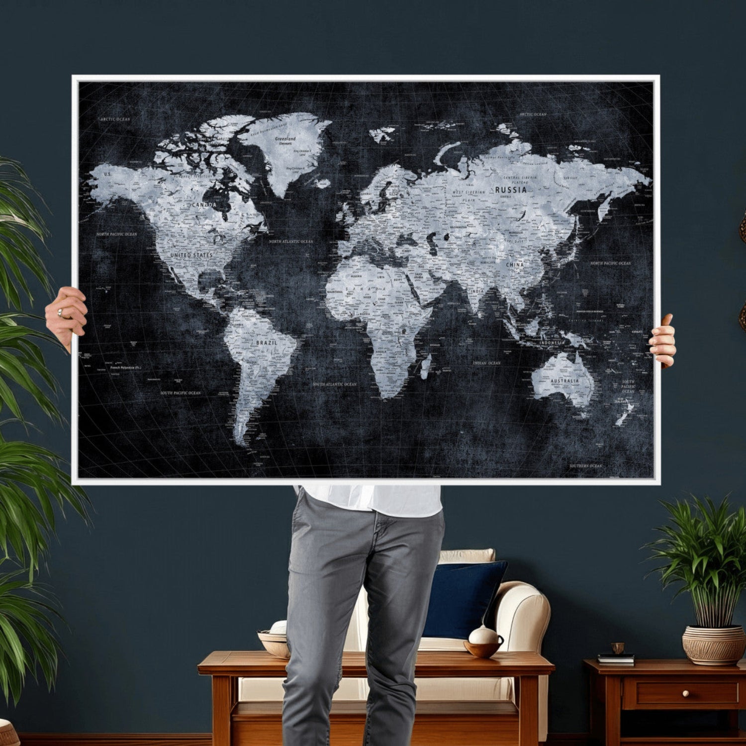 86893704-MGV-CV-36X24 - World Map Wall Art Canvas Print, Modern Decorative Framed Map Artwork Prints for Living Room, Office, Bedroom Wall Decor
