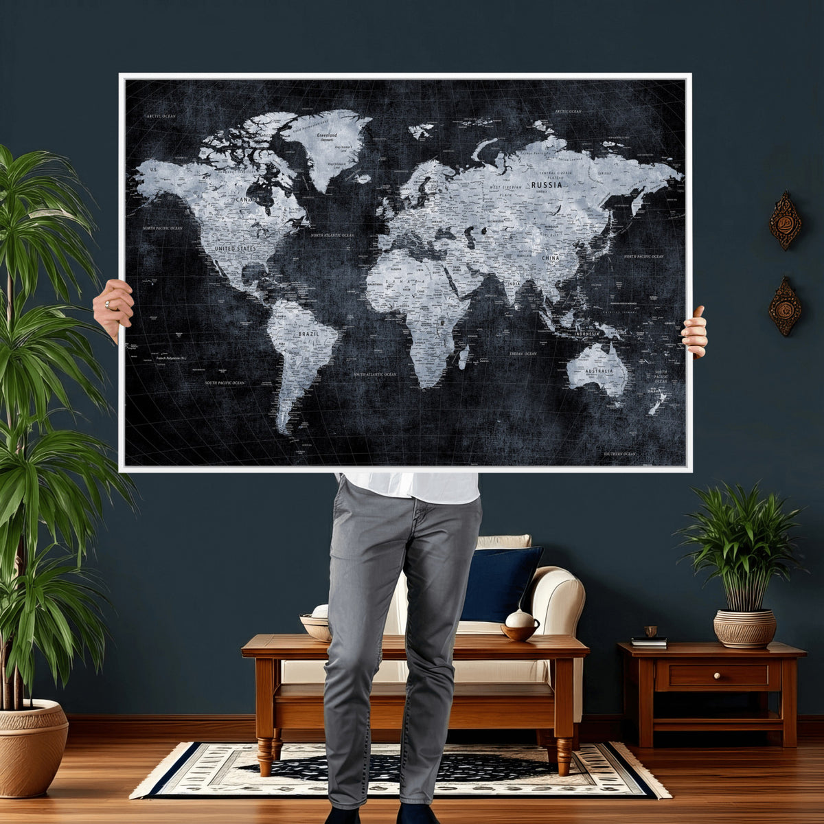 86893704-MGV-CV-36X24 - Black World Map Canvas Print | Detailed Map for Couples and Anniversary Gift