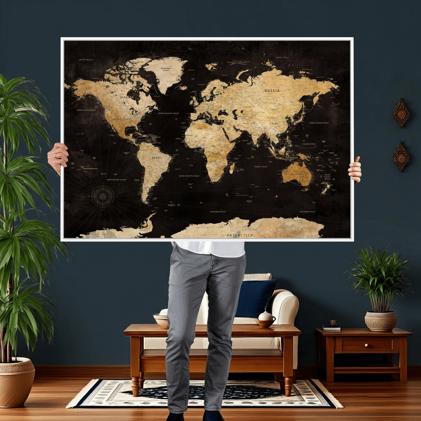 70468159-MGV-CV-36X24 - World Map Wall Art Canvas Print, Modern Decorative Framed Map Artwork Prints for Living Room, Office, Bedroom Wall Decor
