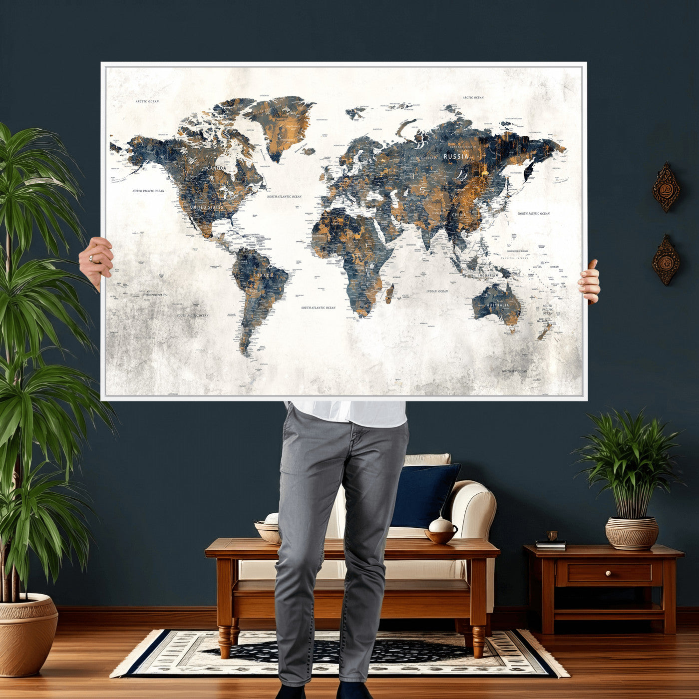 52451147-MGV-CV-36X24 - World Map Wall Art Canvas Print, Modern Decorative Framed Map Artwork Prints for Living Room, Office, Bedroom Wall Decor