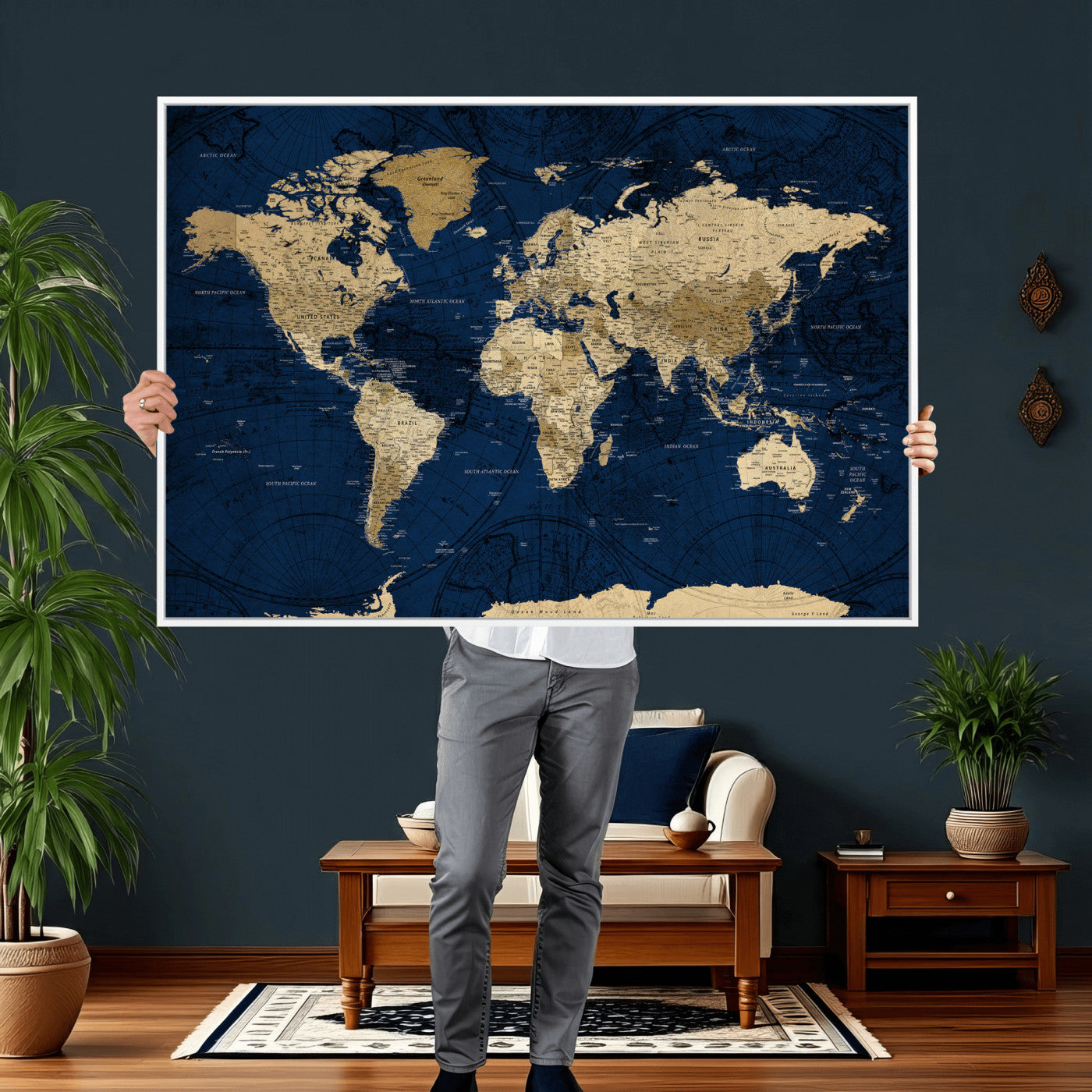 54770746-MGV-CV-36X24 - World Map Wall Art Canvas Print, Modern Decorative Framed Map Artwork Prints for Living Room, Office, Bedroom Wall Decor