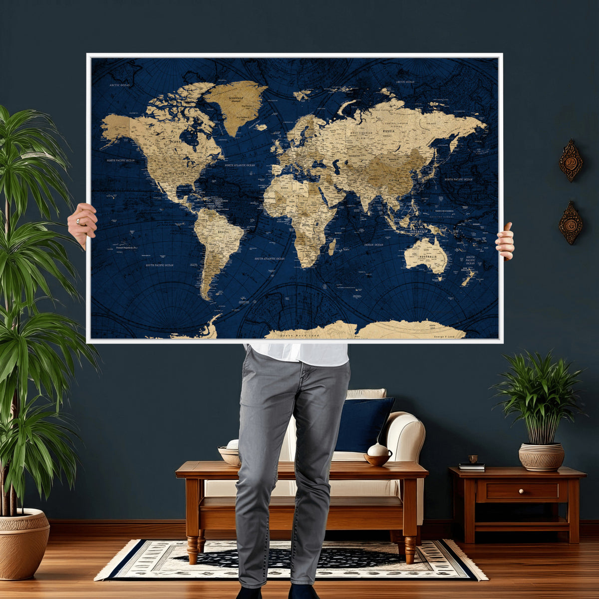 54770746-MGV-CV-36X24 - Navy Blue World Map Canvas Print – Detailed Map Minimal Navy