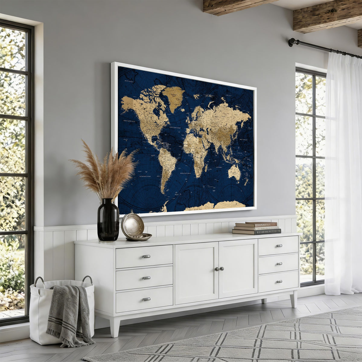 54770746-MGV-CV-24X16 - Navy Blue World Map Canvas Print | Detailed Minimal Navy Map Artwork