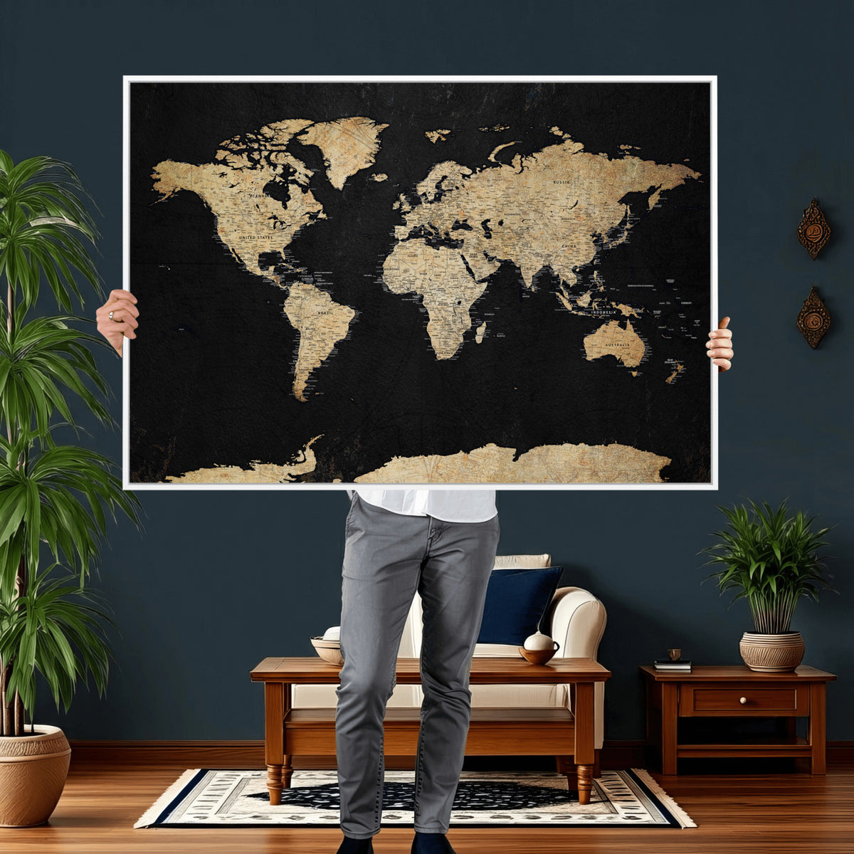 71518849-MGV-CV-36X24 - Beige World Map Canvas Wall Art Print, Minimal Black and
