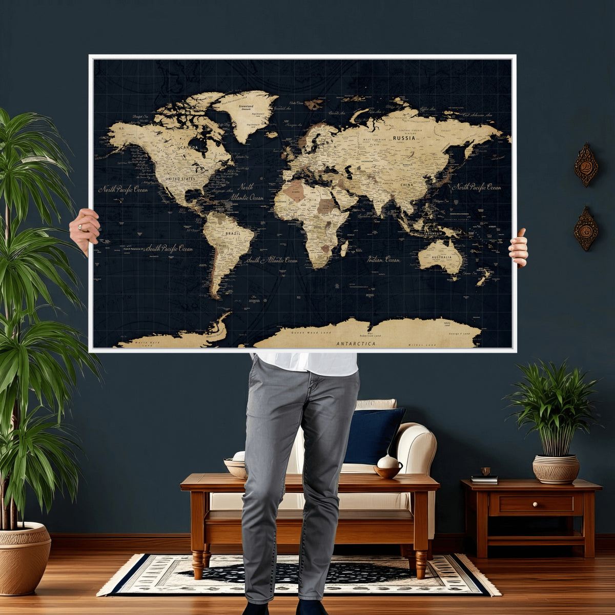 45063434-MGV-CV-36X24 - Dark World Map Canvas Wall Art Print, Minimal Black and Gold Map