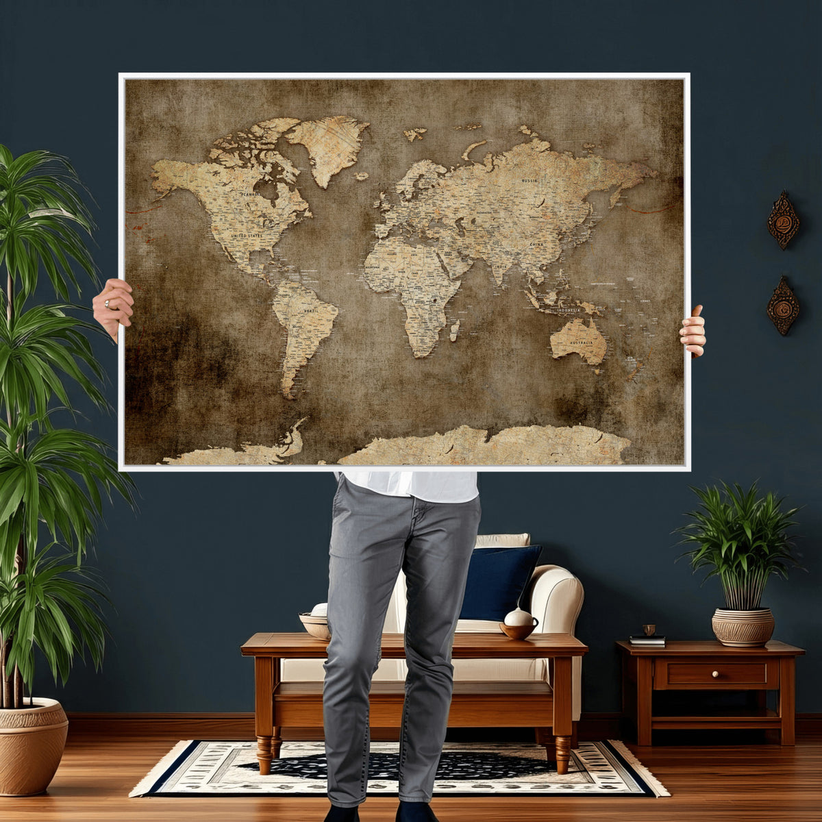 35847542-MGV-CV-36X24 - Dark Vintage World Map Canvas Wall Art Print, Antique Map