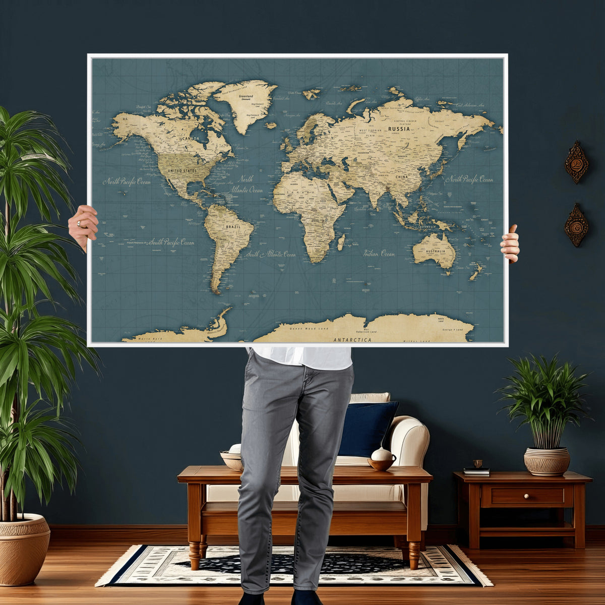99599383-MGV-CV-36X24 - Minimal Vintage World Map Canvas Wall Art Print, Neutral