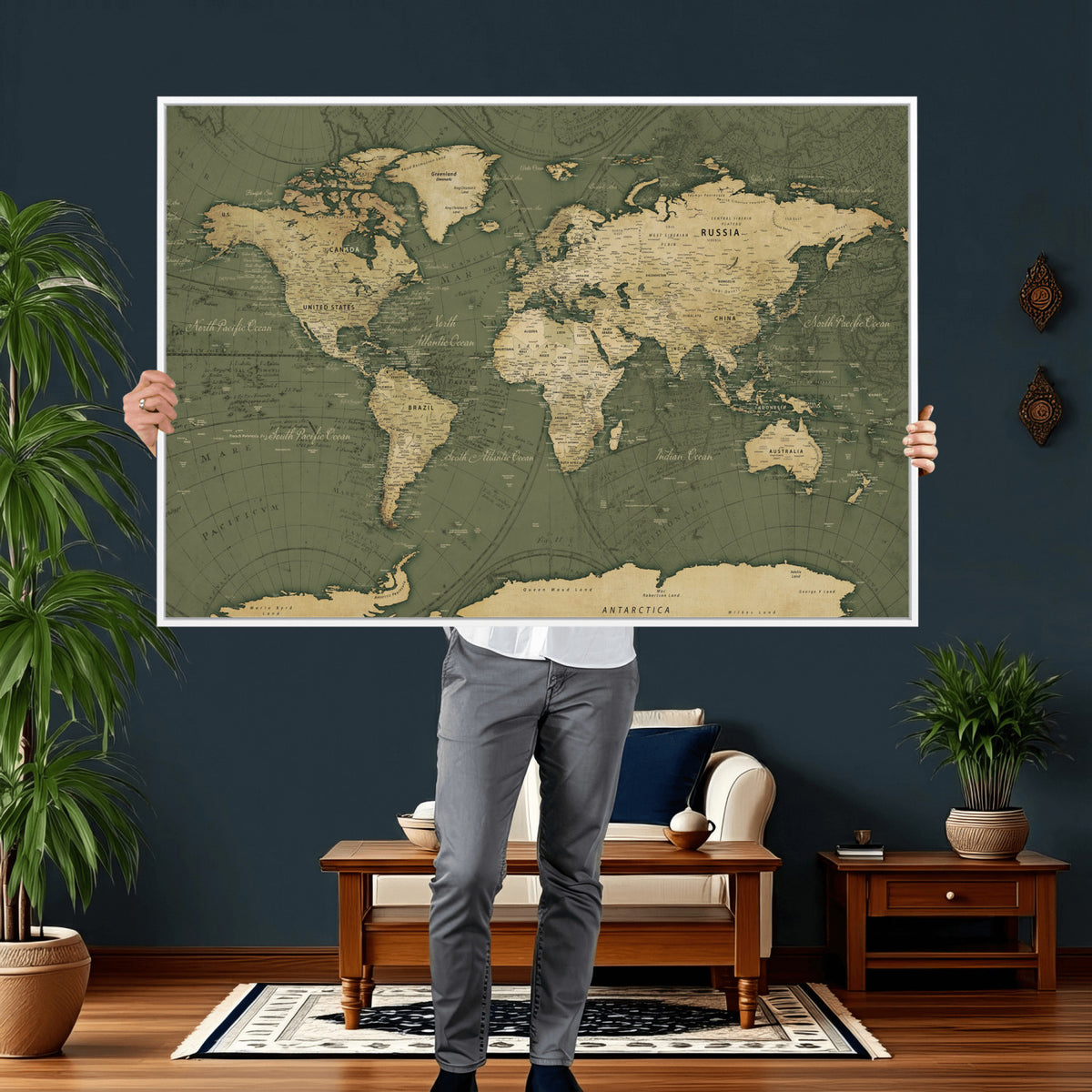 75846040-MGV-CV-36X24 - Large World Map Canvas Wall Art Print for Study Room Decor -