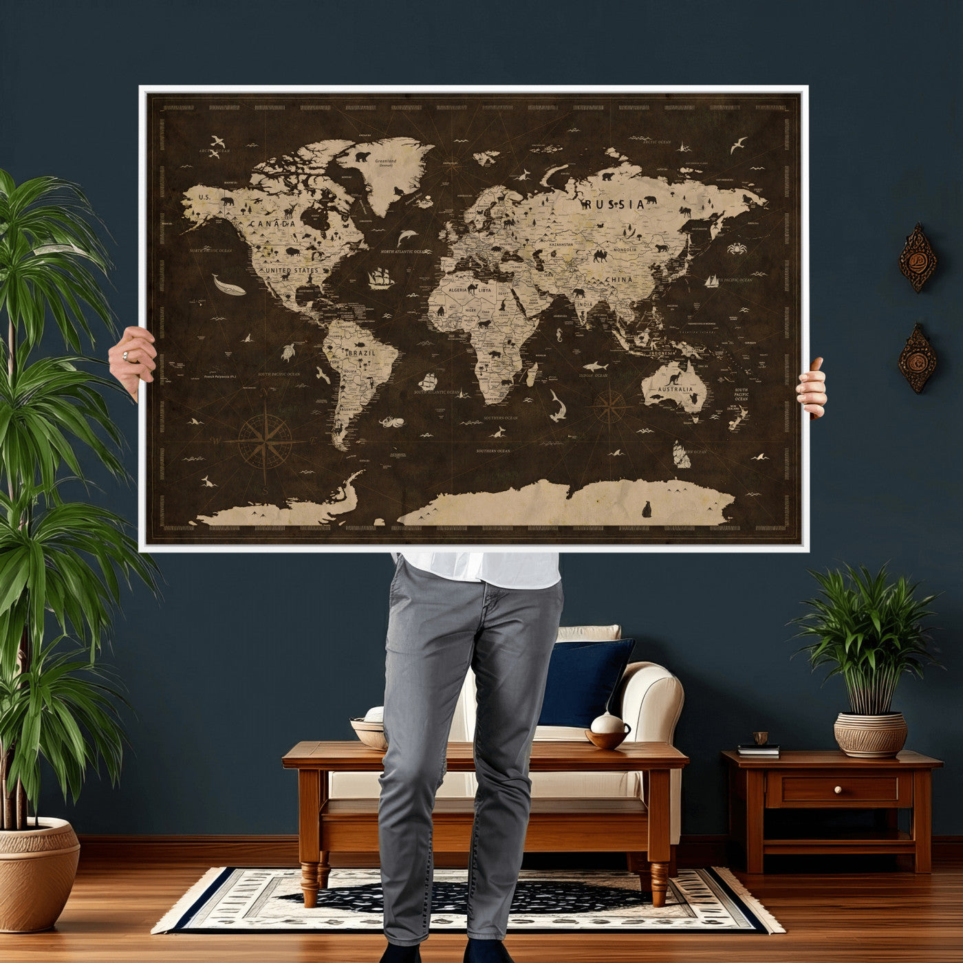 44276398-MGV-CV-36X24 - World Map Wall Art Canvas Print, Modern Decorative Framed Map Artwork Prints for Living Room, Office, Bedroom Wall Decor