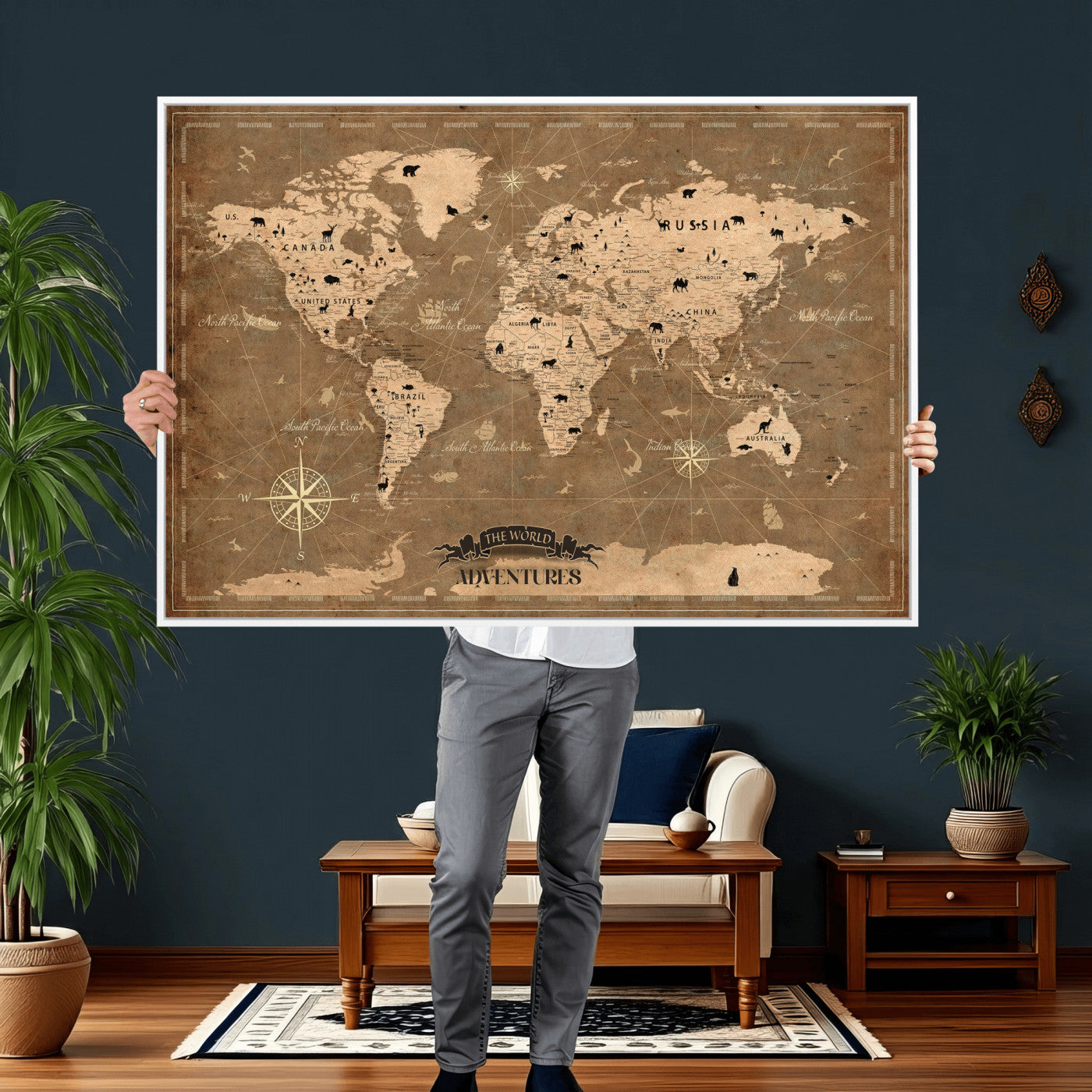 20759686-MGV-CV-36X24 - World Map Wall Art Canvas Print, Modern Decorative Framed Map Artwork Prints for Living Room, Office, Bedroom Wall Decor