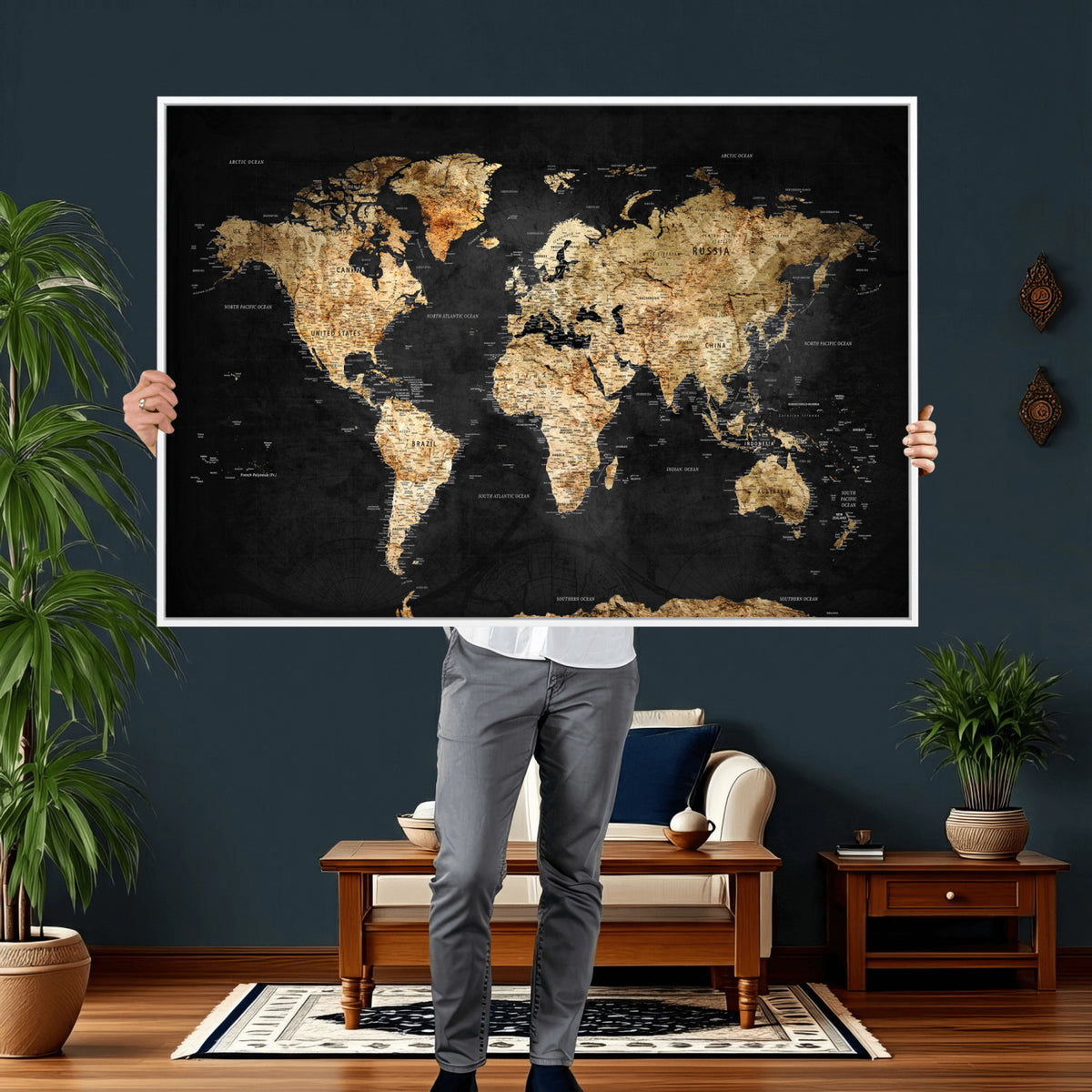 23568589-MGV-CV-36X24 - World Map Wall Art Canvas Print, Modern Decorative Framed Map Artwork Prints for Living Room, Office, Bedroom Wall Decor