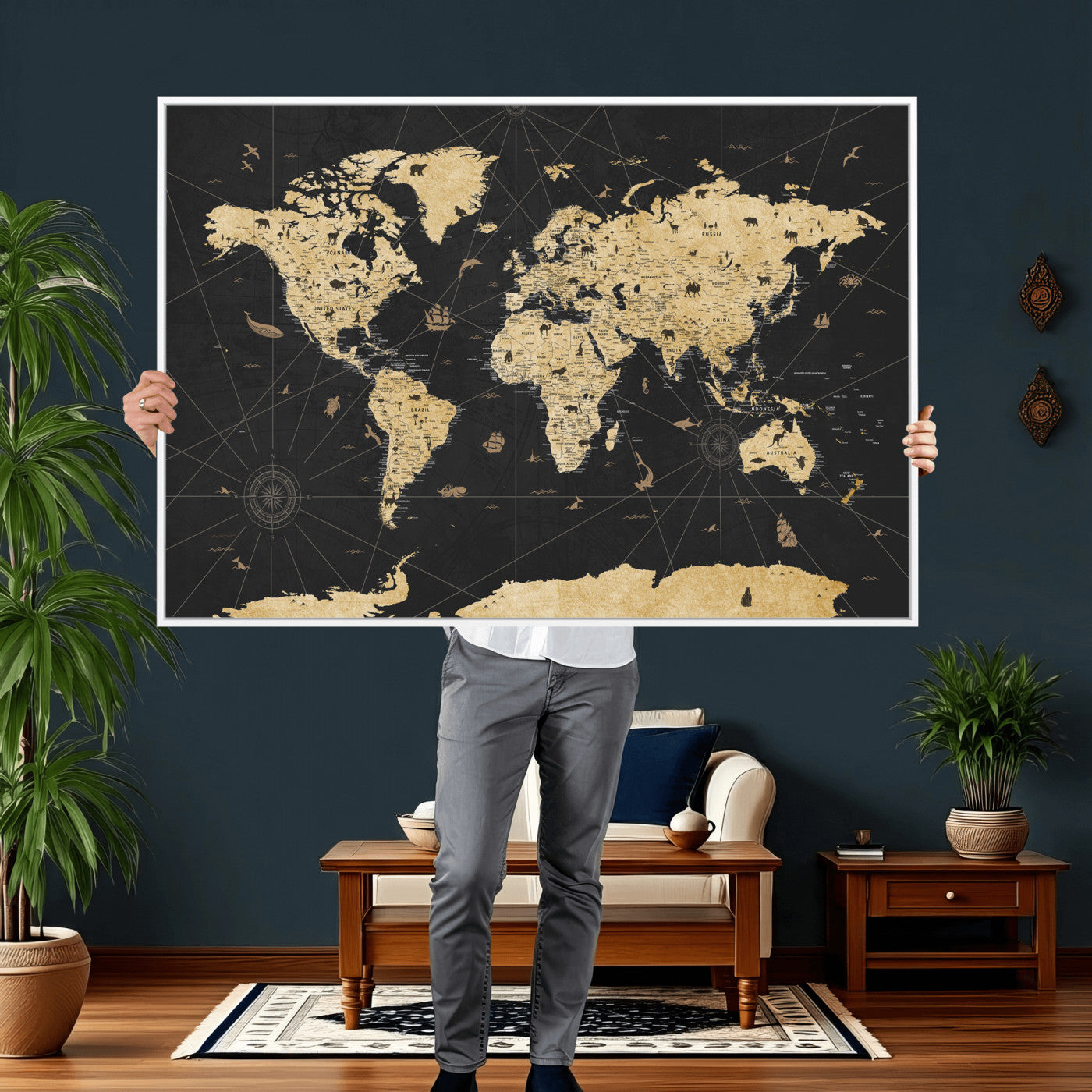 80270976-MGV-CV-36X24 - World Map Wall Art Canvas Print, Modern Decorative Framed Map Artwork Prints for Living Room, Office, Bedroom Wall Decor