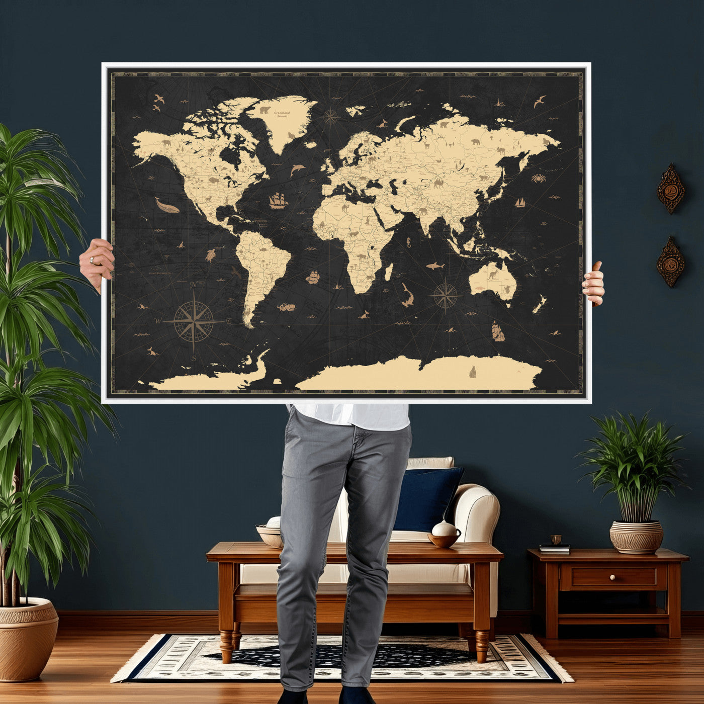 75220264-MGV-CV-36X24 - World Map Wall Art Canvas Print, Modern Decorative Framed Map Artwork Prints for Living Room, Office, Bedroom Wall Decor