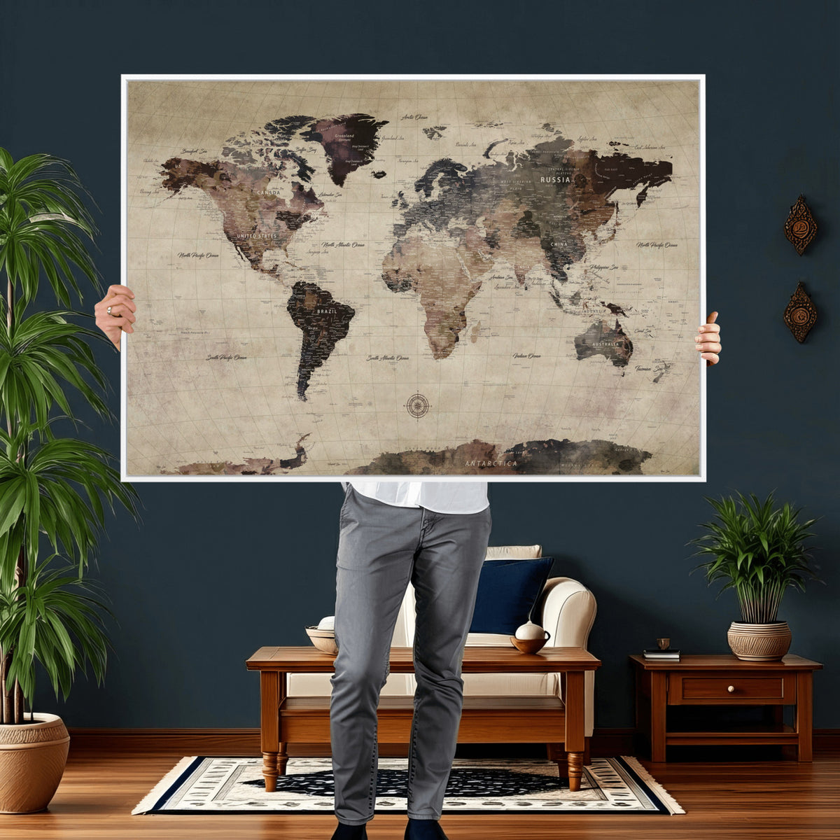 60560672-MGV-CV-36X24 - World Map Wall Art Canvas Print, Modern Decorative Framed Map Artwork Prints for Living Room, Office, Bedroom Wall Decor
