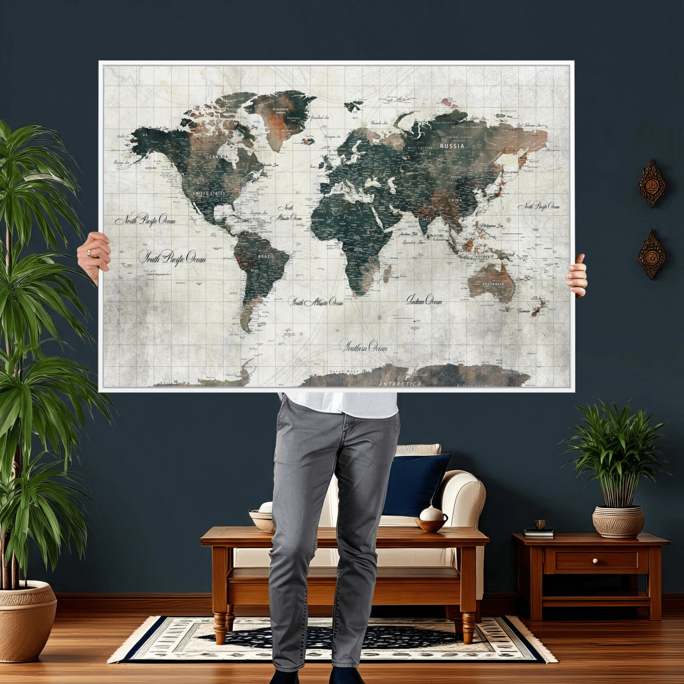 91179593-MGV-CV-36X24 - World Map Wall Art Canvas Print, Modern Decorative Framed Map Artwork Prints for Living Room, Office, Bedroom Wall Decor