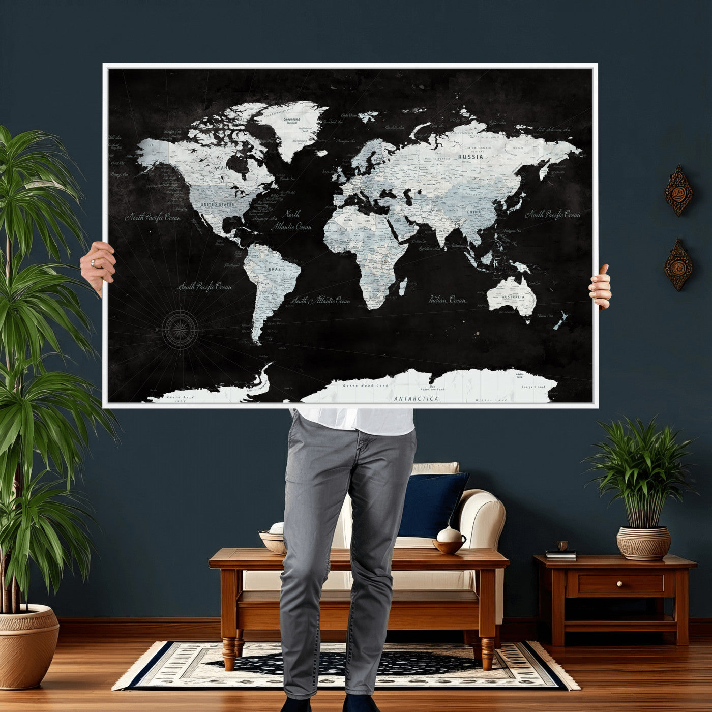 28664806-MGV-CV-36X24 - World Map Wall Art Canvas Print, Modern Decorative Framed Map Artwork Prints for Living Room, Office, Bedroom Wall Decor