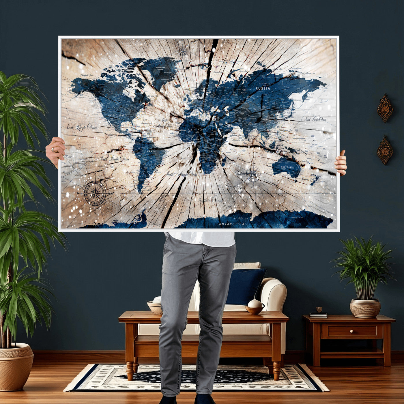19478704-MGV-CV-36X24 - World Map Wall Art Canvas Print, Modern Decorative Framed Map Artwork Prints for Living Room, Office, Bedroom Wall Decor