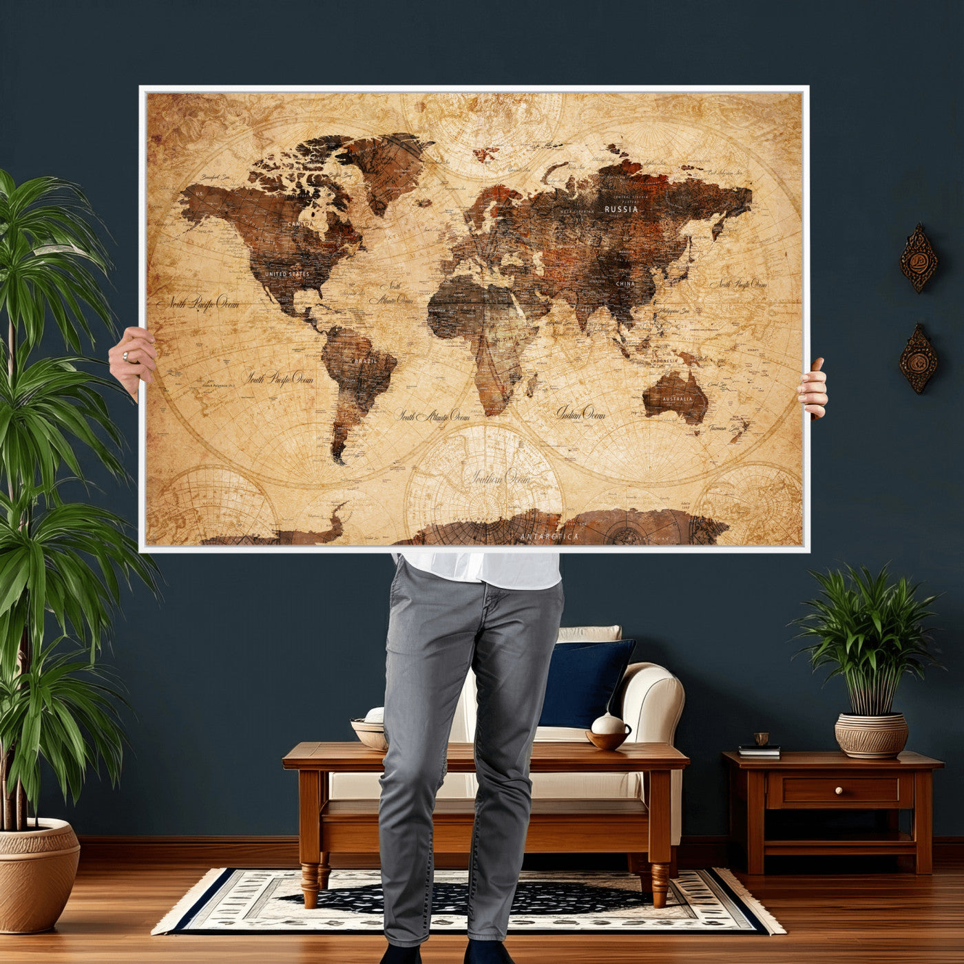 40760475-MGV-CV-36X24 - World Map Wall Art Canvas Print, Modern Decorative Framed Map Artwork Prints for Living Room, Office, Bedroom Wall Decor