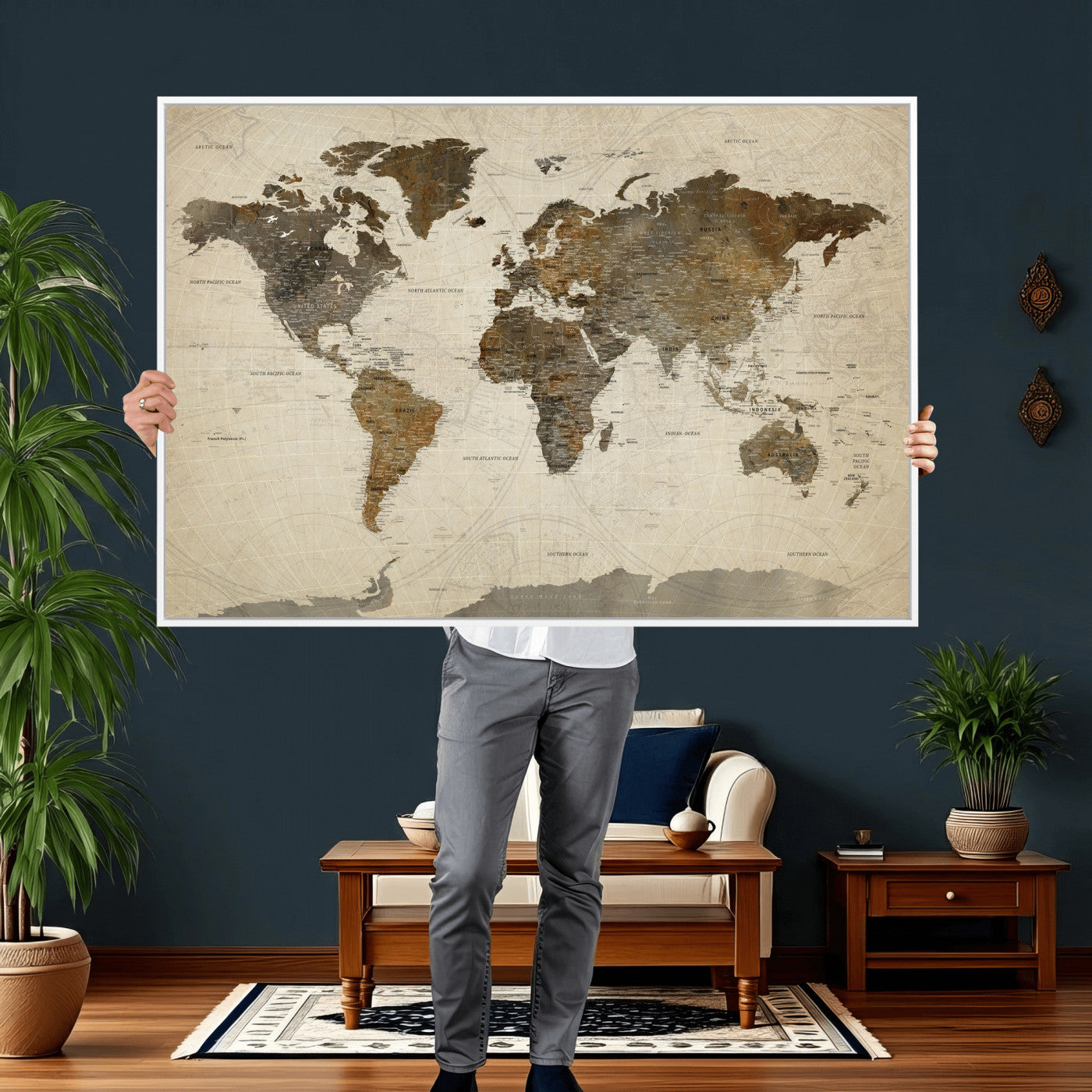 49623468-MGV-CV-36X24 - World Map Wall Art Canvas Print, Modern Decorative Framed Map Artwork Prints for Living Room, Office, Bedroom Wall Decor