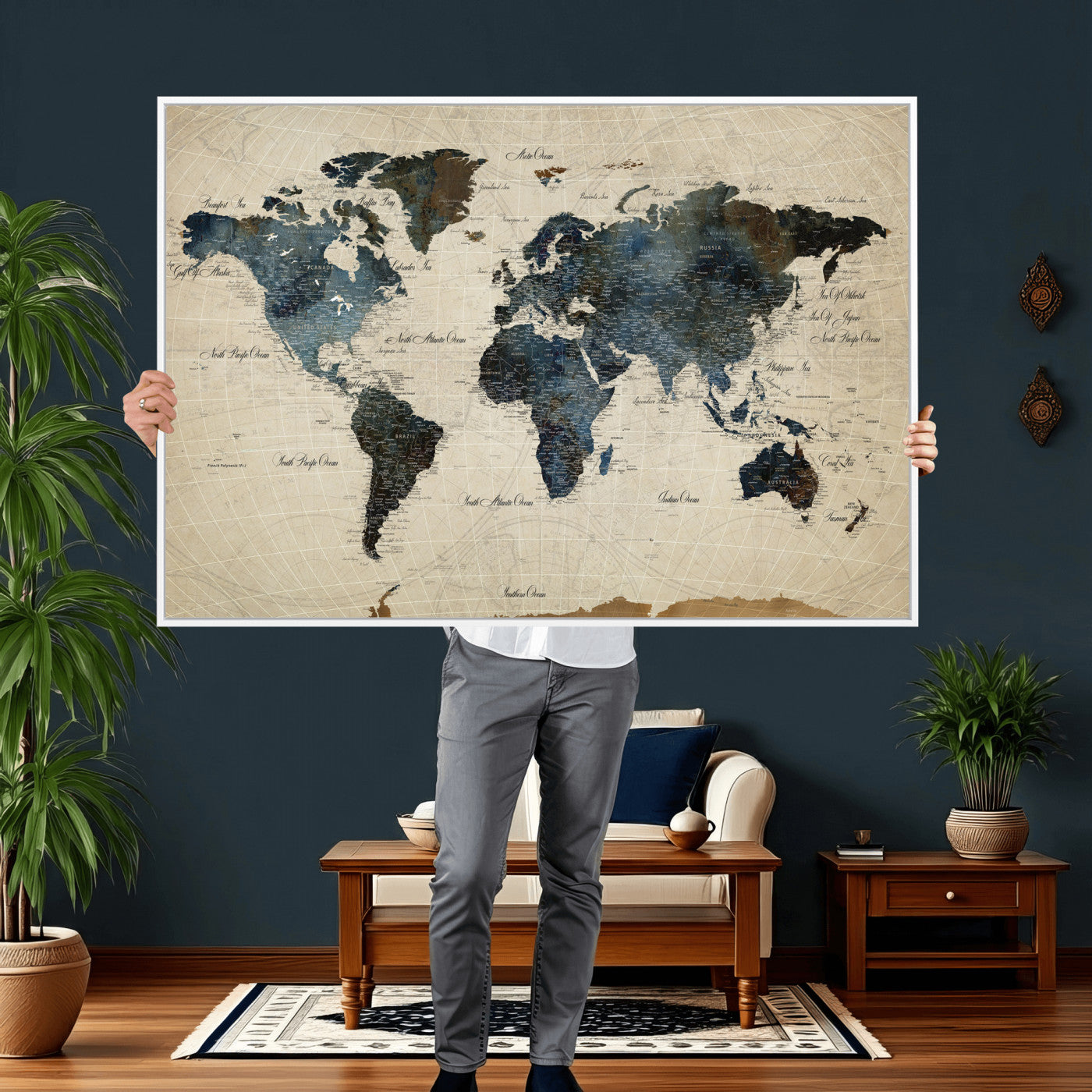 72927803-MGV-CV-36X24 - World Map Wall Art Canvas Print, Modern Decorative Framed Map Artwork Prints for Living Room, Office, Bedroom Wall Decor