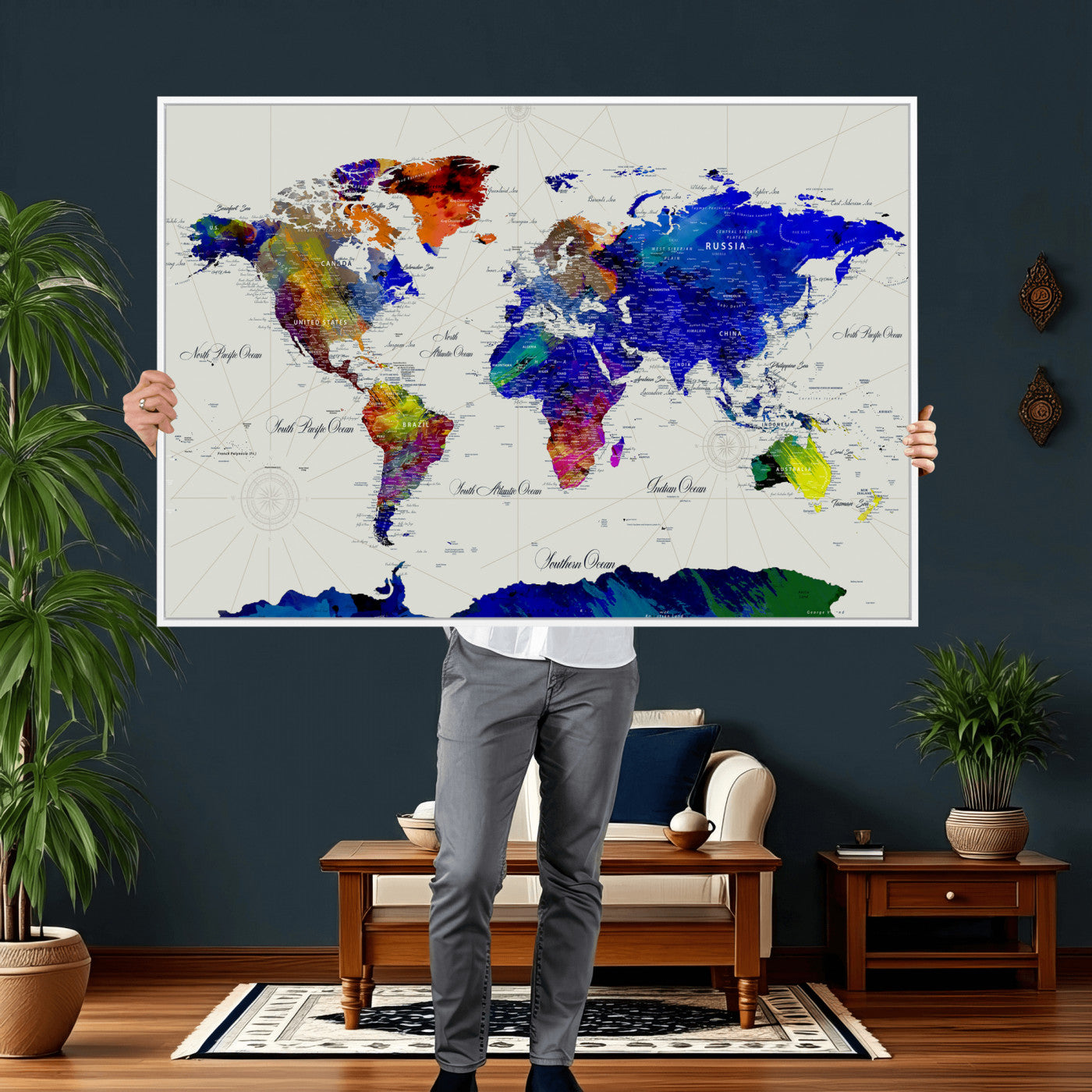 49670038-MGV-CV-36X24 - World Map Wall Art Canvas Print, Modern Decorative Framed Map Artwork Prints for Living Room, Office Decor