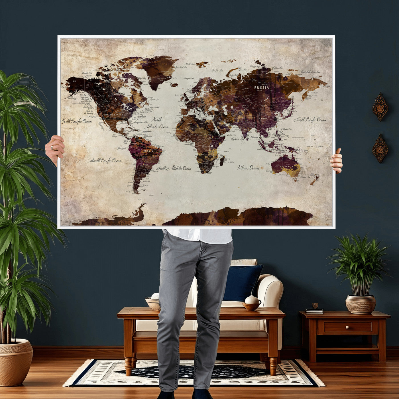 50611123-MGV-CV-36X24 - World Map Canvas Triptych – Colorful Global Wall Art for Living Rooms, Offices, and Study Spaces