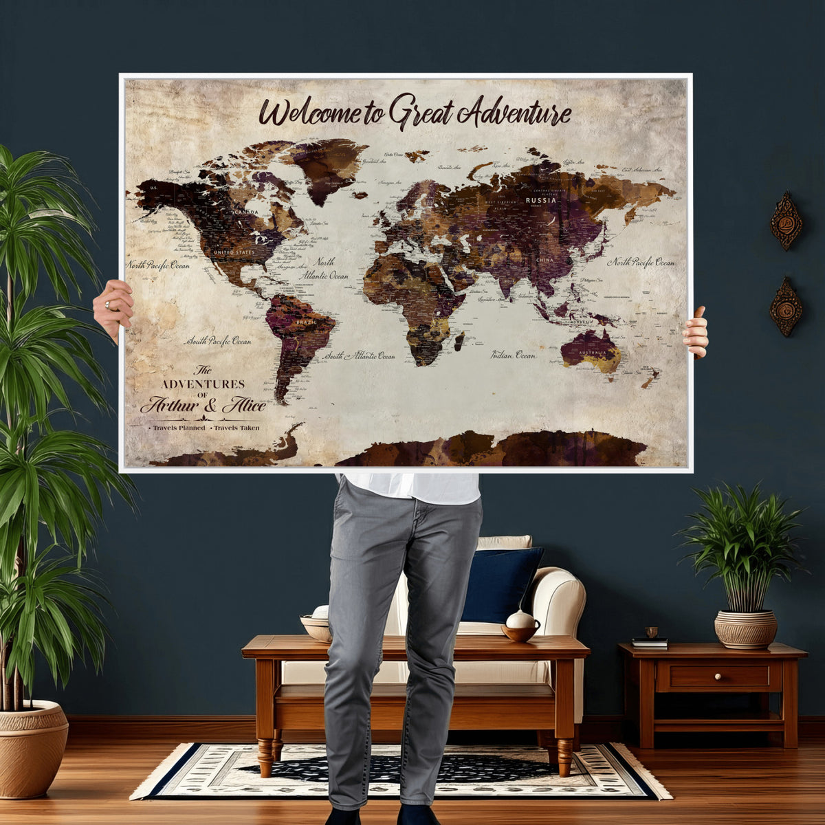 64110391126-MGV-CV-36X24 - Custom Beige World Travel Map Wall Art with Pins, Places Visited Tracker, Family Room and Entryway Decor
