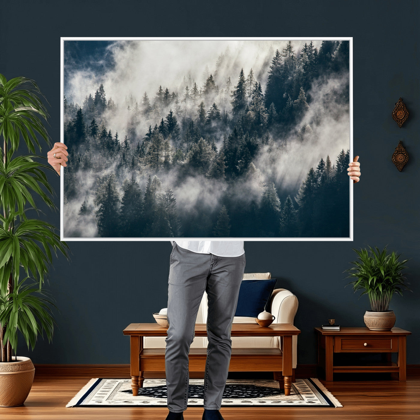 63405824-MGV-CV-36X24 - Foggy Mountain Forest Canvas Print, Misty Pine Trees Nature Wall Art, Framed Canvas Ready to Hang