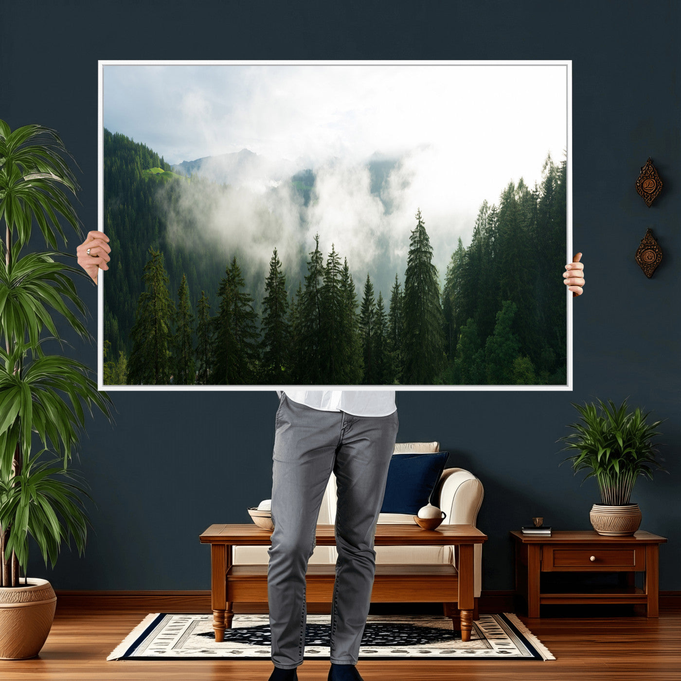 67174129-MGV-CV-36X24 - Misty Mountain Forest Canvas Print, Foggy Pine Trees Nature Wall Art, Framed Canvas Ready to Hang