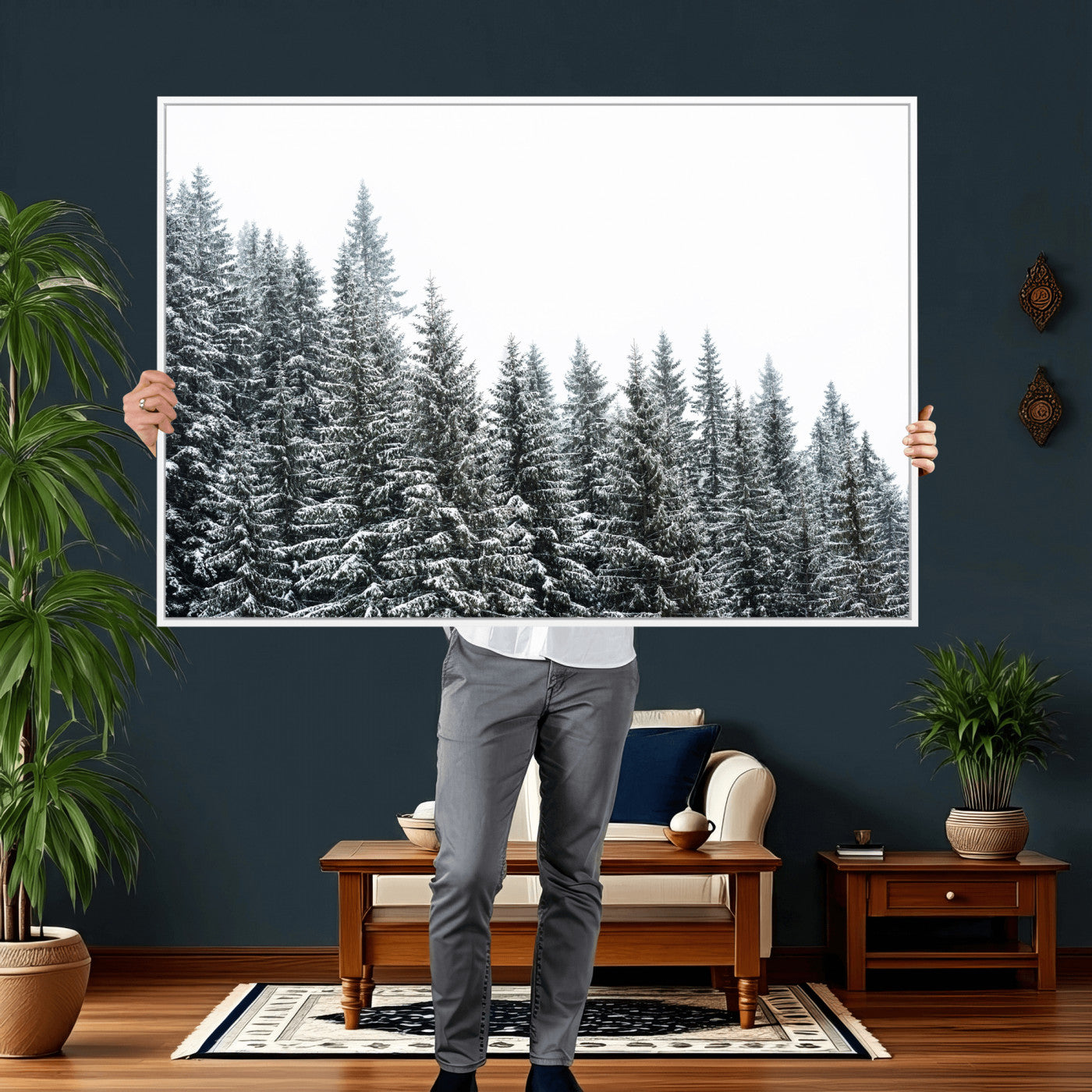 69566941-MGV-CV-36X24 - Misty Mountain Forest Canvas Print, Foggy Pine Trees Nature Wall Art, Framed Canvas Ready to Hang