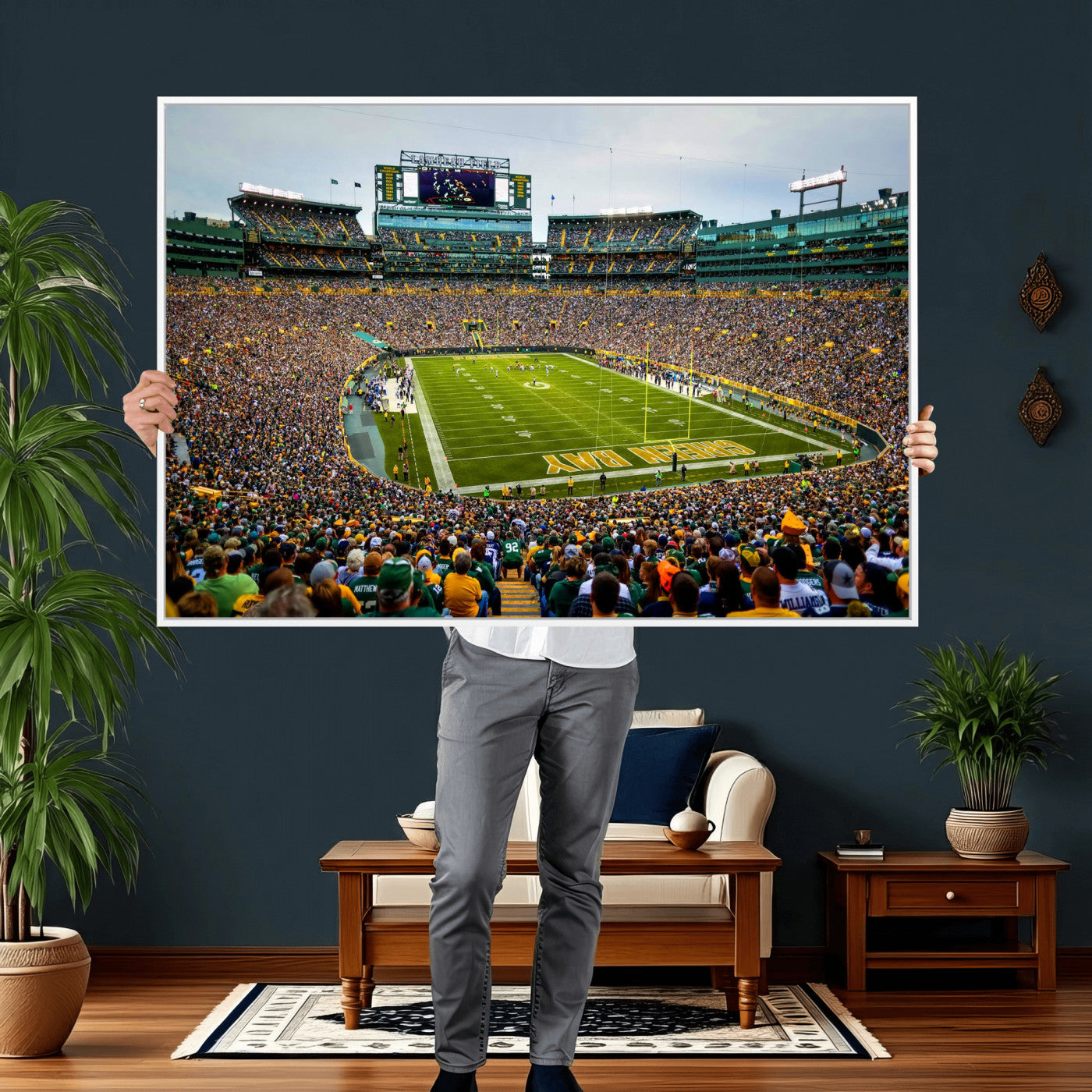 56521752-MGV-CV-36X24 - Green Bay Packers Stadium Wall Art Canvas Print, Lambeau Field Football Stadium Artwork, Framed Wall Art Ready to Hang