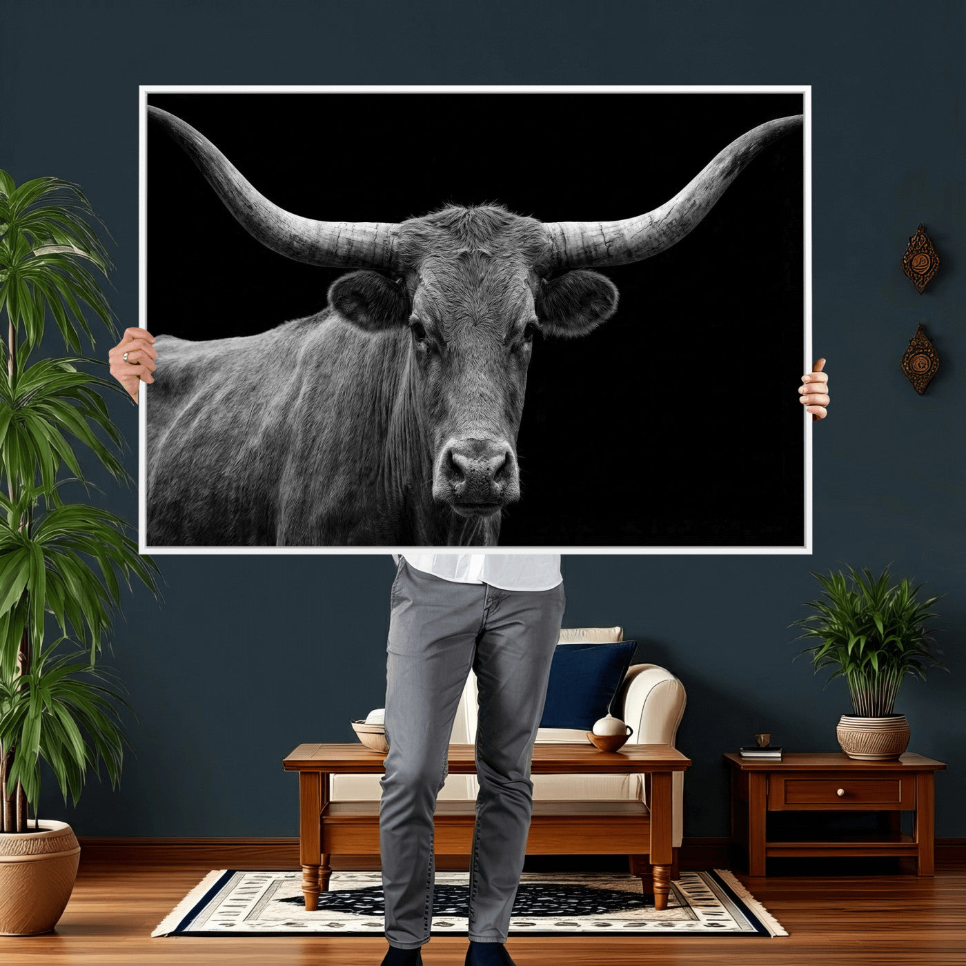 32601430-MGV-CV-36X24 - Texas Longhorn Bull Wall Art Canvas Print, Cow Portrait Photography, Framed Wall Art Ready to Hang