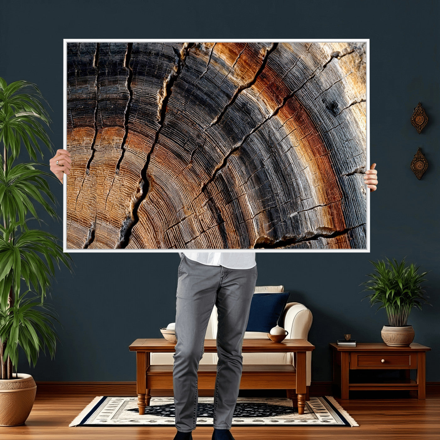 92693966E-MGV-CV-36X24 - Framed Large Abstract Wood Grain Canvas Print, Tree Ring Pattern Wall Art, Framed Canvas Ready to Hang