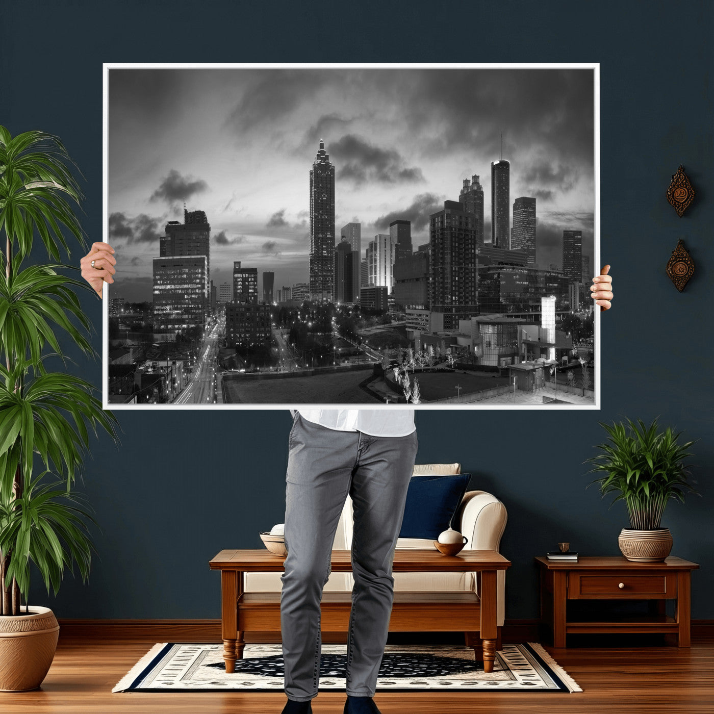 91959506-MGV-CV-36X24 - Atlanta Skyline Wall Art Canvas Print, Atlanta Downtown Night Cityscape Print for Modern Urban Wall Decor