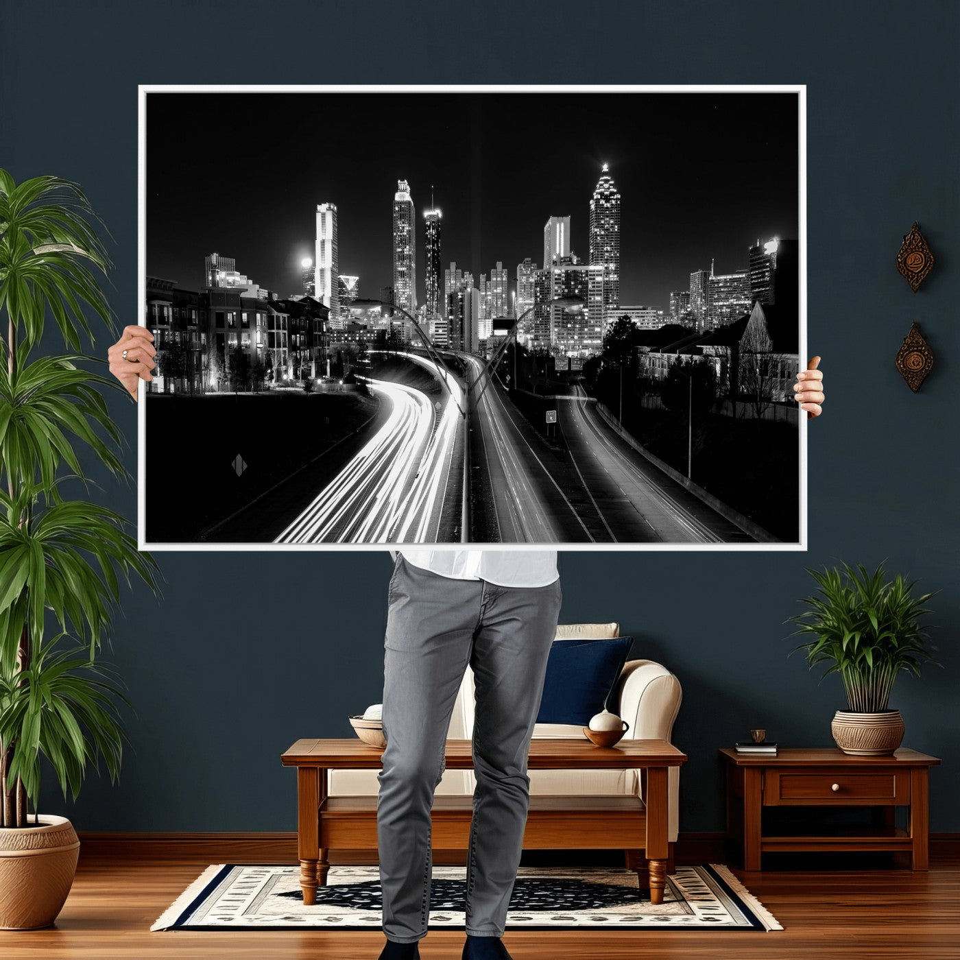 80330064-MGV-CV-36X24 - Atlanta Skyline Wall Art Canvas Print, Atlanta Downtown Night Cityscape Print for Modern Urban Wall Decor