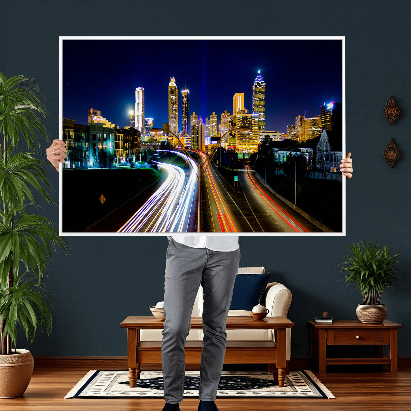 12967464-MGV-CV-36X24 - Atlanta Skyline Wall Art Canvas Print, Atlanta Downtown Night Cityscape Print for Modern Urban Wall Decor