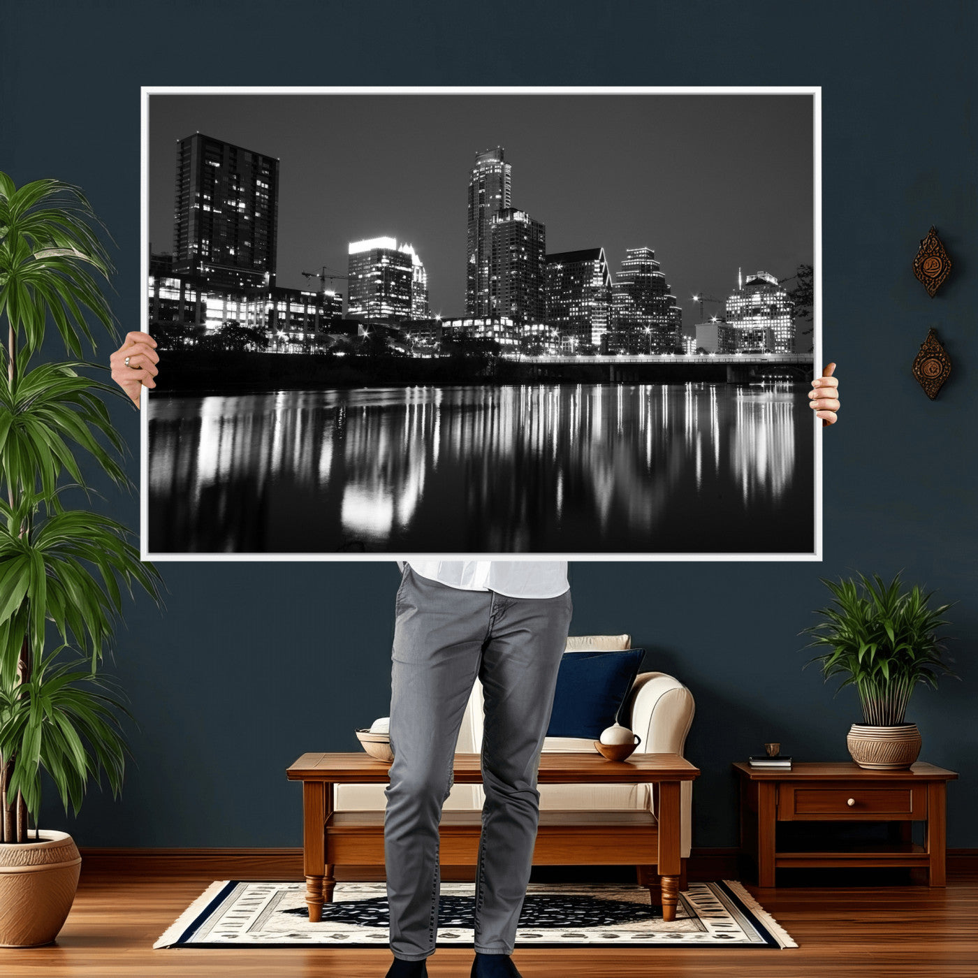38129554-MGV-CV-36X24 - Austin Skyline Wall Art Canvas Print, Austin Downtown Night Cityscape Print for Modern Urban Wall Decor