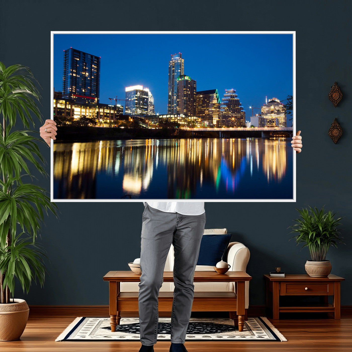 21916206-MGV-CV-36X24 - Austin Skyline Wall Art Canvas Print, Austin Downtown Night Cityscape Print for Modern Urban Wall Decor