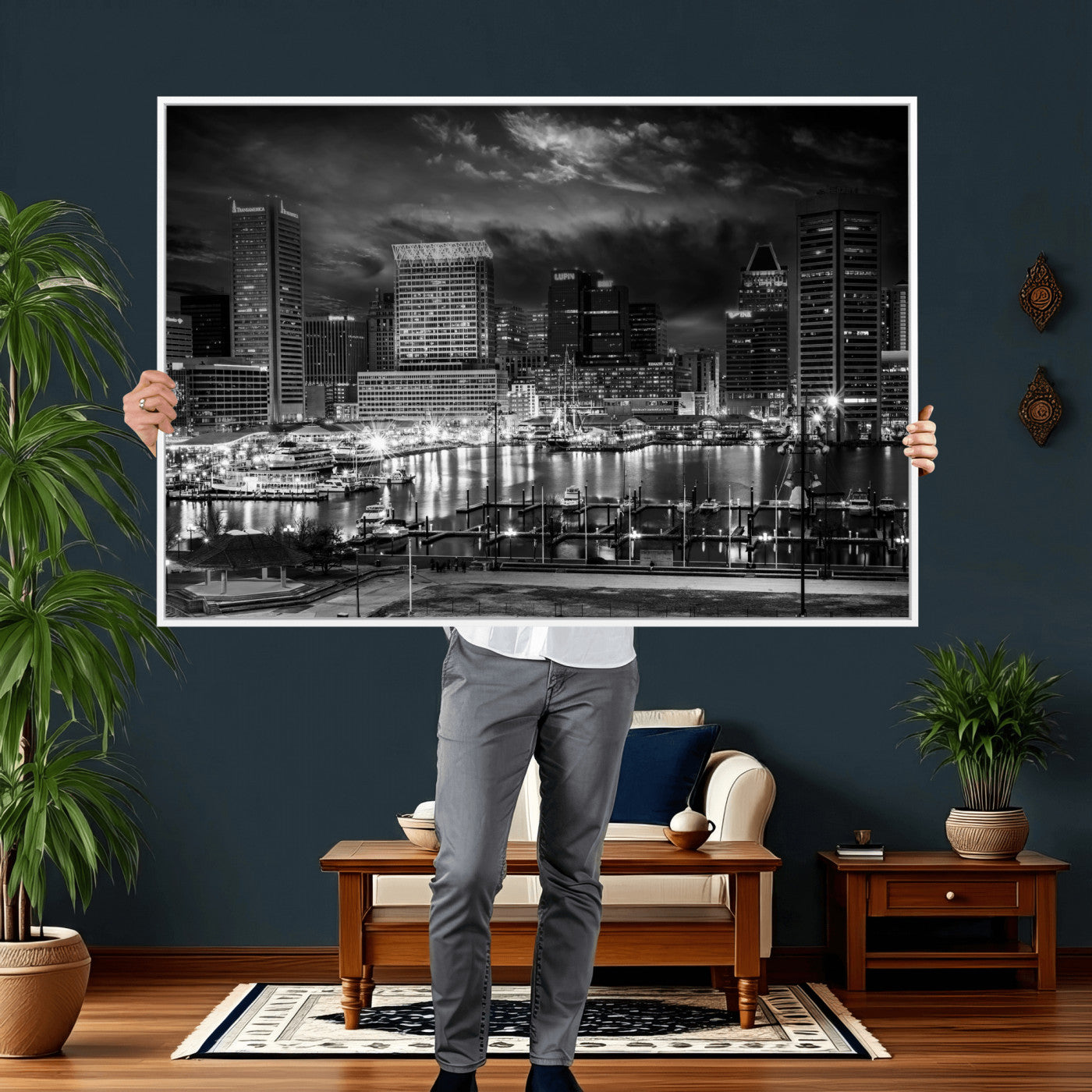 79755655-MGV-CV-36X24 - Baltimore Skyline Wall Art Canvas Print, Baltimore Downtown Night Cityscape Print for Modern Urban Wall Decor