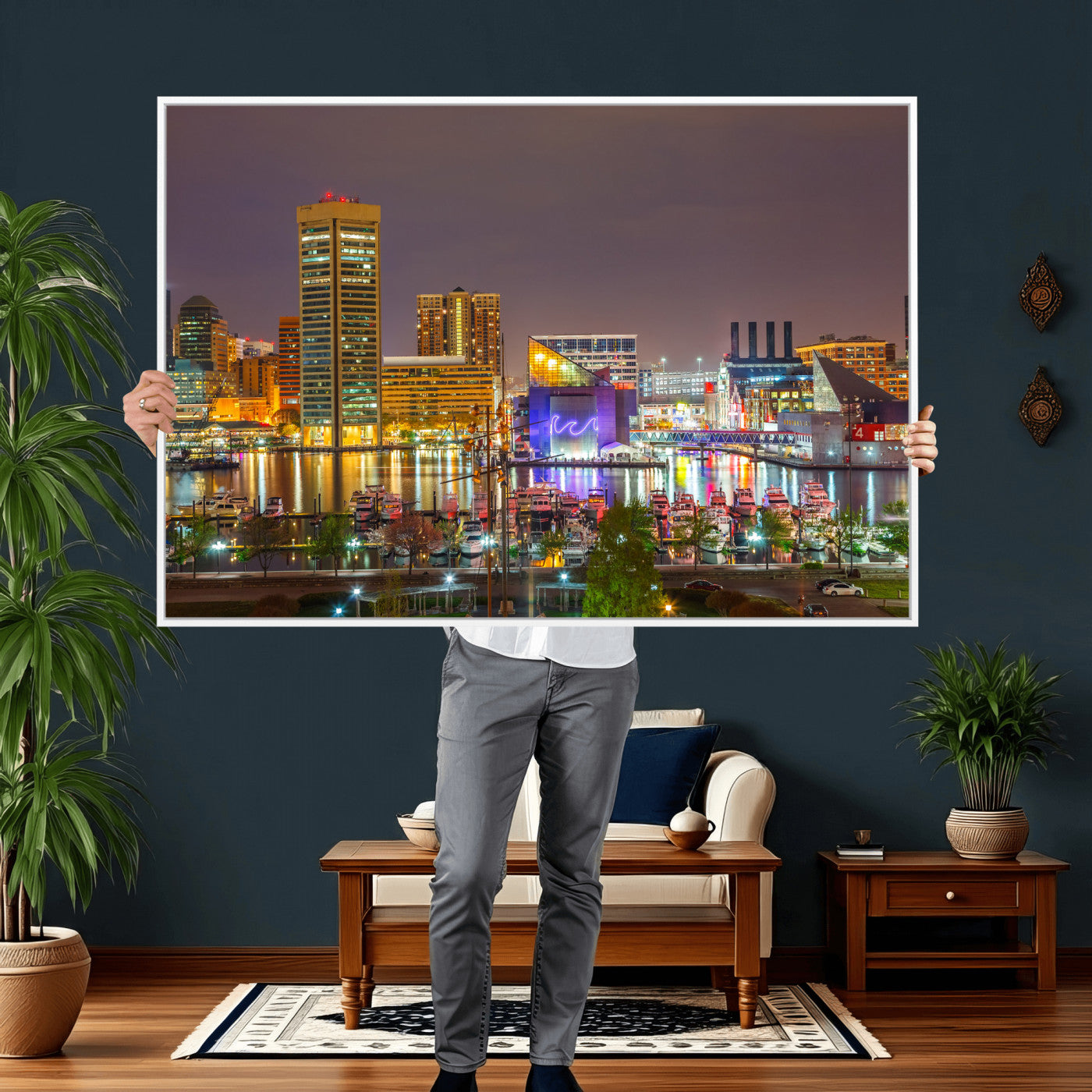 42654823-MGV-CV-36X24 - Baltimore Skyline Wall Art Canvas Print, Baltimore Downtown Night Cityscape Print for Modern Urban Wall Decor