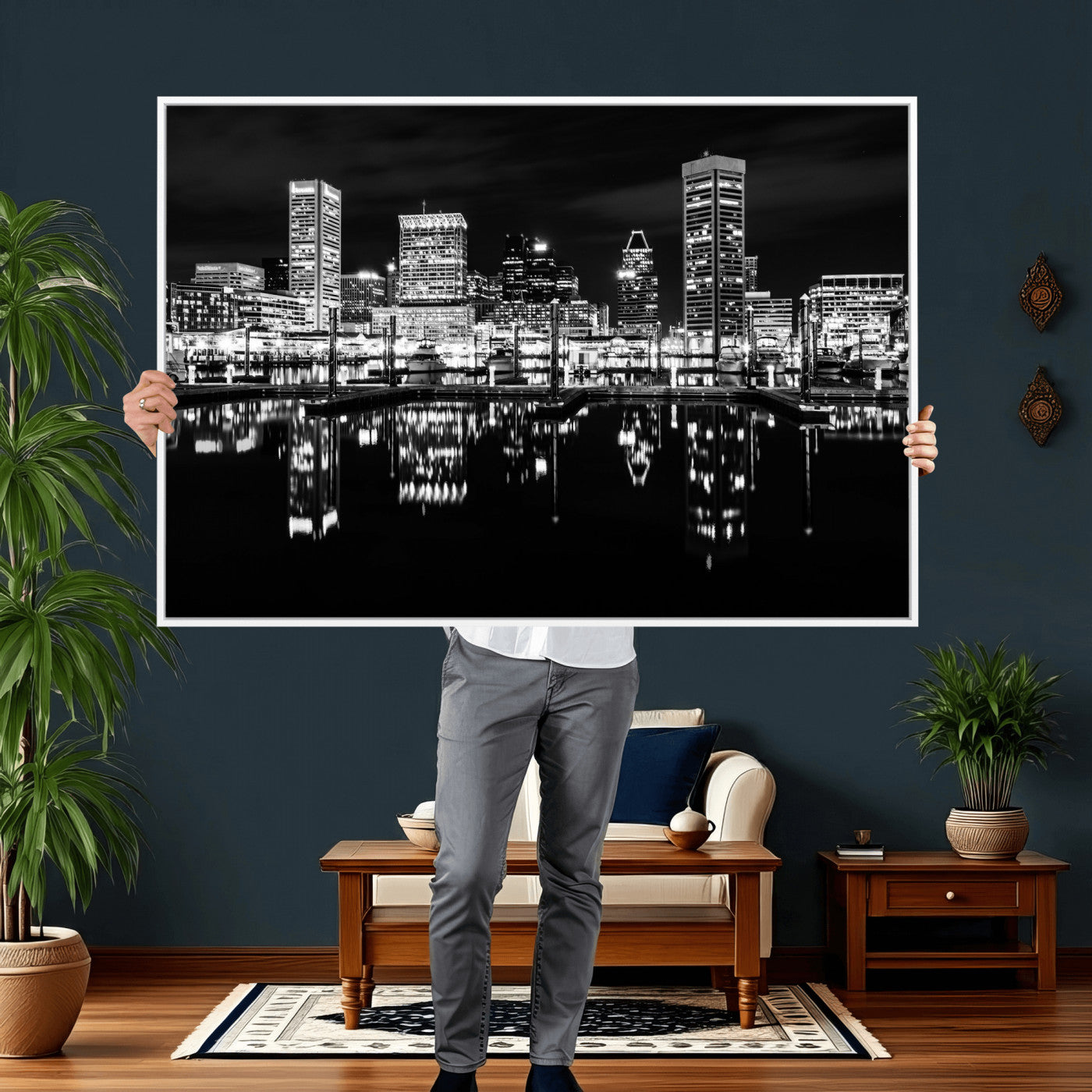69187681-MGV-CV-36X24 - Baltimore Skyline Wall Art Canvas Print, Baltimore Downtown Night Cityscape Print for Modern Urban Wall Decor