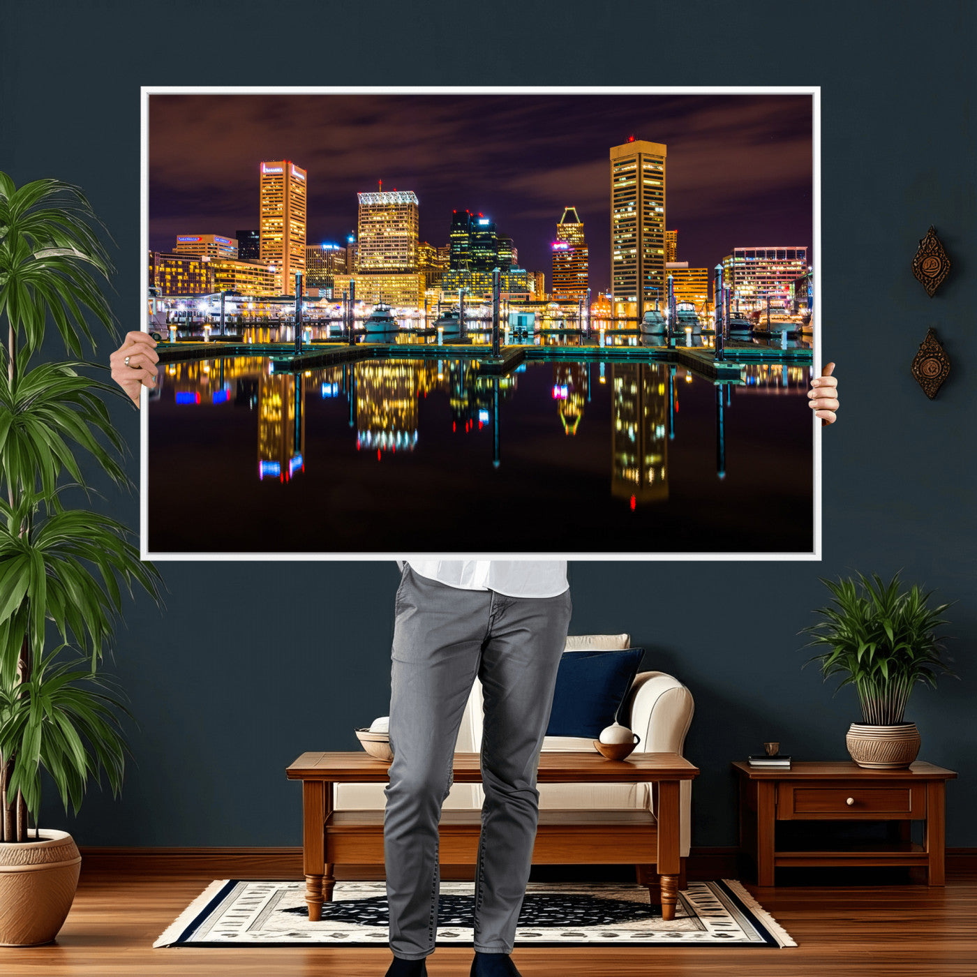 38201692-MGV-CV-36X24 - Baltimore Skyline Wall Art Canvas Print, Baltimore Downtown Night Cityscape Print for Modern Urban Wall Decor