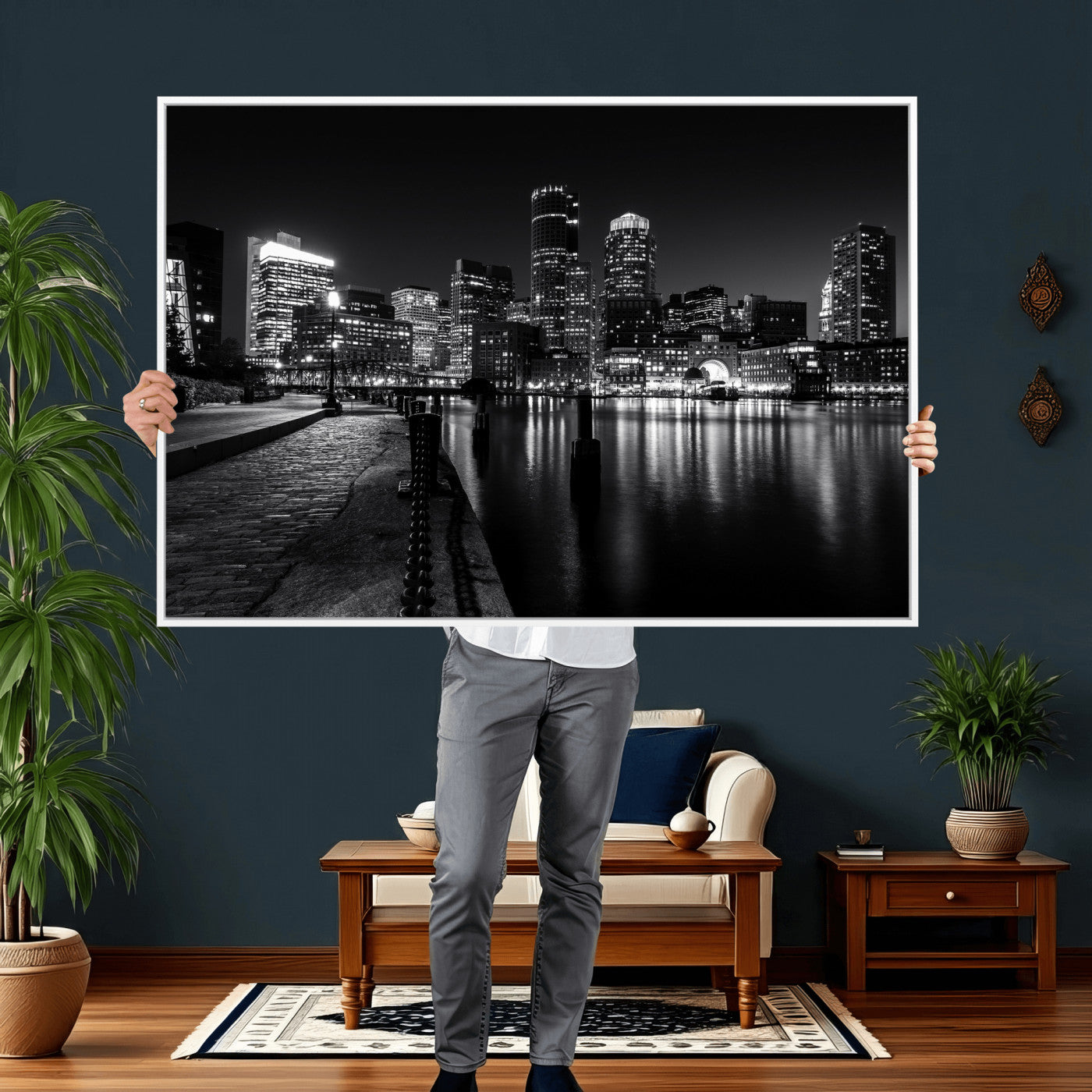 53082656-MGV-CV-36X24 - Boston Wall Art Canvas Print, Boston City Downtown Night Cityscape Print for Modern Urban Wall Decor